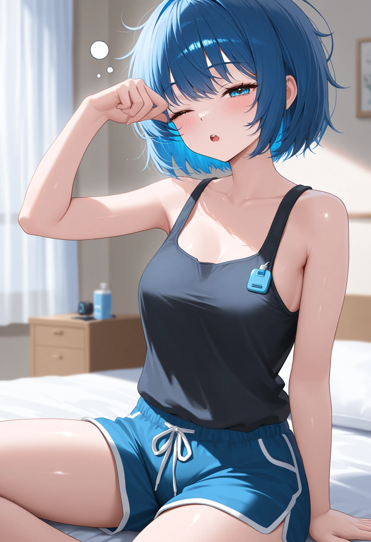Top quality、Top image quality、masterpiece、Ultra-high resolution、short hair，Blue Hair，1 Female，Tall，Royal sister风格，Royal sister，Looking towards the camera，Swimsuit，手指微微勾起胸前Swimsuit的带子，，Large breast size，Highest definition，Japanese anime style，Highest definition度，8K