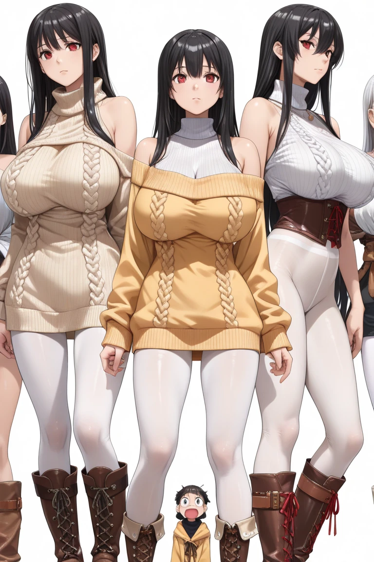 4girls,bust_chart,(white background:1.2),(sweater dress:1.2) ,white background, (flat chest:1), (small breasts:0.8), <lora:bust_chart_v10a:0.7>, best quality ,masterpiece,