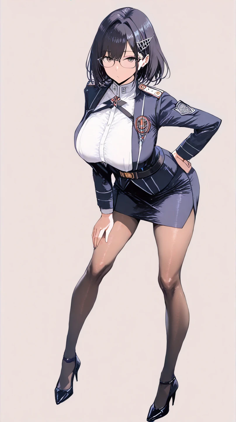 full body standing straight symmetrical, huge boob(masterpiece, best quality:1.2), cowboy shot, solo, 1girl, mmplatz, smile, looking at viewer, hands on hips, twintails, twin drills, dress, blue pantyhose, striped pantyhose, Handcuffs on their hands, With a collar around the neck