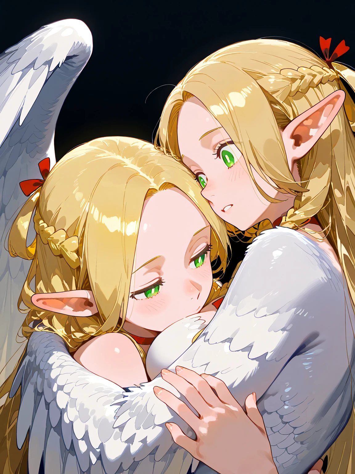 ((Best Quality)), ((Masterpiece)), (detailed), perfect faces, blonde hair, mint hair, sexy, large breasts, red bikini, bed, angel wings
