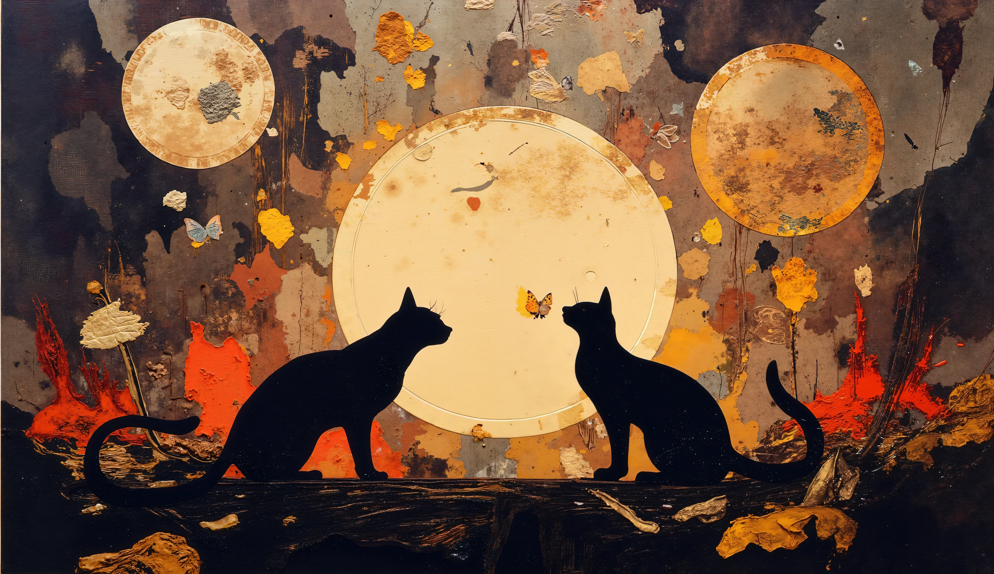a modern collage, dramatic and powerful that transmits peace and mess. Incorporate textures of metallic sheets, elegant leather and metallic surfaces, blending abstract and real-world elements. The composition must appear intense, but graceful, symbolizing a peaceful scene of a cat playing with a butterfly. Use sharp contrasts, deep shadows and shimmering highlights to convey resilience, with subtle symbolism representing both the joy and the mess of the scene. Colors must be bold, but containing subtle nuances of reflection and release, incorporating a raw emotional atmosphere, Using full-bodied people in art.