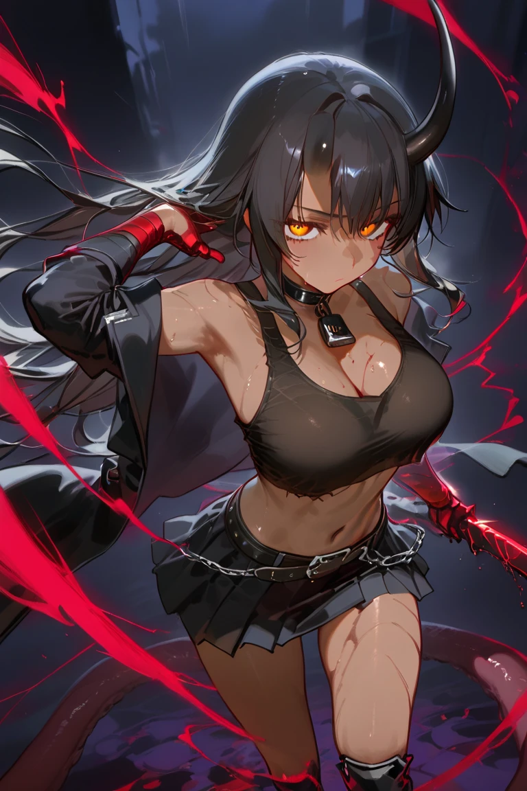 Gnoll woman, woman, red eyes, black fur, spike collar, Gnoll woman, big , big tighs, 4k, hd, pretty face, messy hair, menacing, acurrate eyes, sharp pupils, scary look, sword, (human head), (Mohican), (tribal clothing), exposed belly, (black hair), (hyena ears), long hair