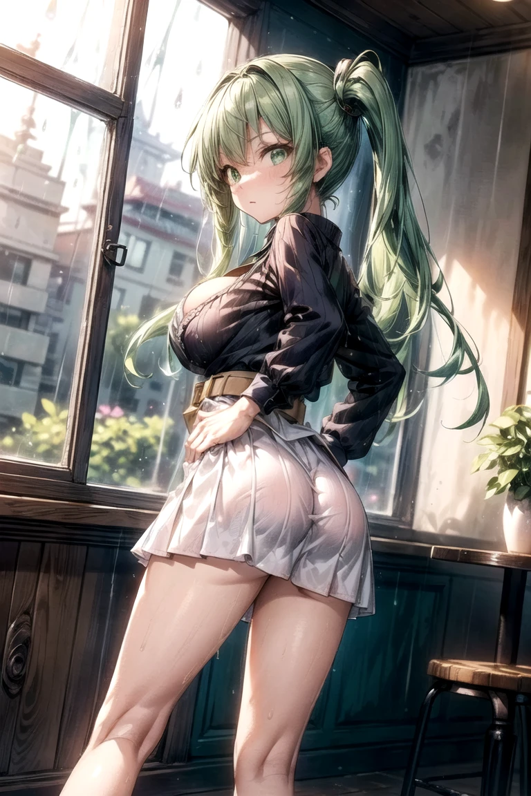 (masterpiece), best quality, (Highly Detailed CG Unity 8k wallpaper), Detailed background, city landscape, skyline, (Hands by Guido Daniele: 0.5), First person perspective, 1, Beautiful human girl who is attractive and perfect, teenager, (long turquoise hair), (slim waist), (hourglass figure), ((cropped goku gi)) , (blue waist sash), ((black thigh high socks)), (navel), (orange pleated skirt), (seductive standing legs crossed sexy), legs crossed, slender legs (UGG boots), (white thighs: 1.12), (Ahoge: 1.13), side angle full body view, (princess ponytail style medium long hair:1.12), (turquoise eyes: 1.13), Look at the viewer, big, ((cleavage)),SFW, beautiful face, (Blush: 0.90), (Smile: 1.11)expressive eyes, perfect face, medium breasts,