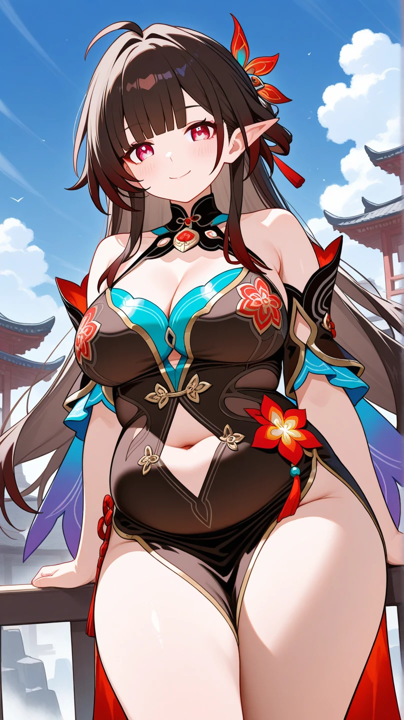 (((best quality))), ((ultra-detailed)), ((an extremely delicate and beautiful)), ((16k)), realistic, hd, cgi, gleaming hair, gleaming skin, gleaming dress, Character focus, solo, stylish pose, strong light coming in, sharp focus, illustration, game cg, anime, solo, curvy, (big breasts:1.3), forehead, ( Chinese Lace Up Cheongsam Open Chest Bodycon Dress High Slit Qipao mini), faste collarbone, (belly:0.9), standing, leaning forward, hand reaching viewer, looking at viewer, ocean, flower hair ornament, accessories, backlighting, shiny skin, shiny body, chibi, gloves, necklace, jewelry, black-brown hair, bead necklace, red faded into black colored hair, brown eyes, long hair, black bunny ears, red ubre hair, red black hair, more red hair streaks, smaller dress, feet reaching viewer