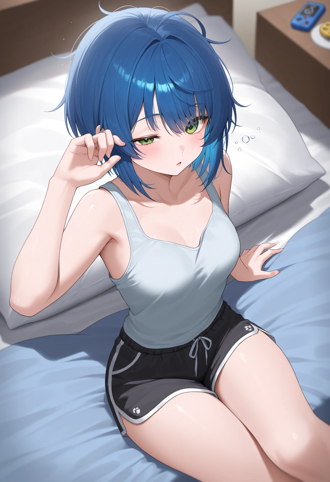 A masterpice, HIG quality, 8K, beautiful lighting, 1girls, 独奏, Akane, Plain grey shirt, tshirts, Blue Short, Sleeveless, looking at the viewers, sitting on, Bedroom, Balanced head and body,