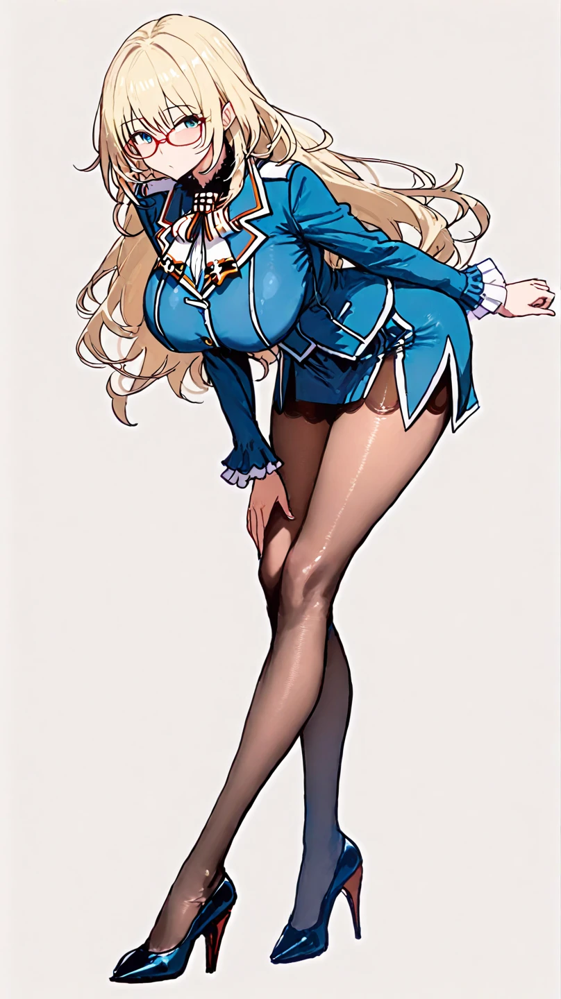 1girl, solo, asuna, long hair, large breasts, cleavage, (blue bunnysuit, pantyhose), thighs, smiling, gravure pose, (blushing:1.3), (from below view)