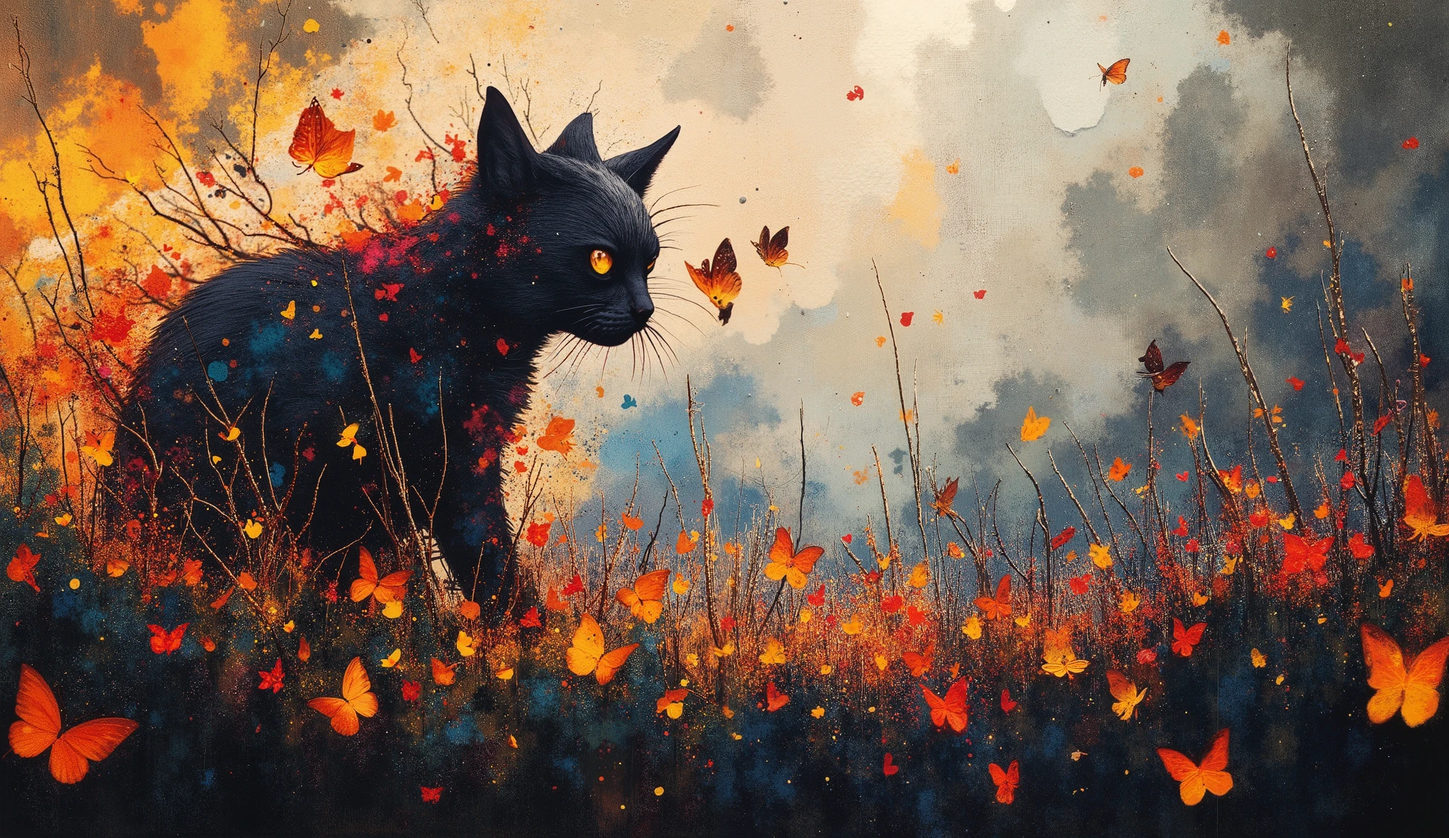 a modern collage, dramatic and powerful that transmits peace and mess. Incorporate textures of metallic sheets, elegant leather and metallic surfaces, blending abstract and real-world elements. The composition must appear intense, but graceful, symbolizing a peaceful scene of a cat playing with a butterfly. Use sharp contrasts, deep shadows and shimmering highlights to convey resilience, with subtle symbolism representing both the joy and the mess of the scene. Colors must be bold, but containing subtle nuances of reflection and release, incorporating a raw emotional atmosphere, Using full-bodied people in art.