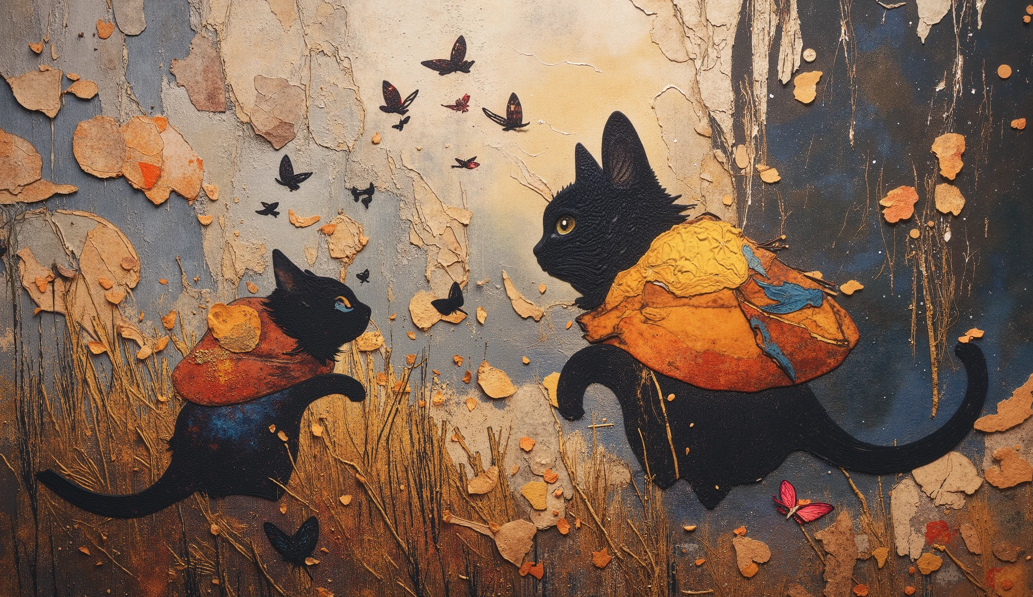 a modern collage, dramatic and powerful that transmits peace and mess. Incorporate textures of metallic sheets, elegant leather and metallic surfaces, blending abstract and real-world elements. The composition must appear intense, but graceful, symbolizing a peaceful scene of a cat playing with a butterfly. Use sharp contrasts, deep shadows and shimmering highlights to convey resilience, with subtle symbolism representing both the joy and the mess of the scene. Colors must be bold, but containing subtle nuances of reflection and release, incorporating a raw emotional atmosphere, Using full-bodied people in art.