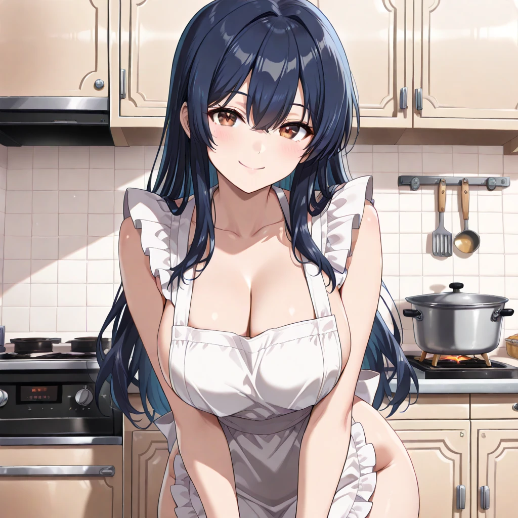 Long black haired milf with medium breasts, thin waist, big thighs, semi naked on a tablecloth, washing the kitchen dishes