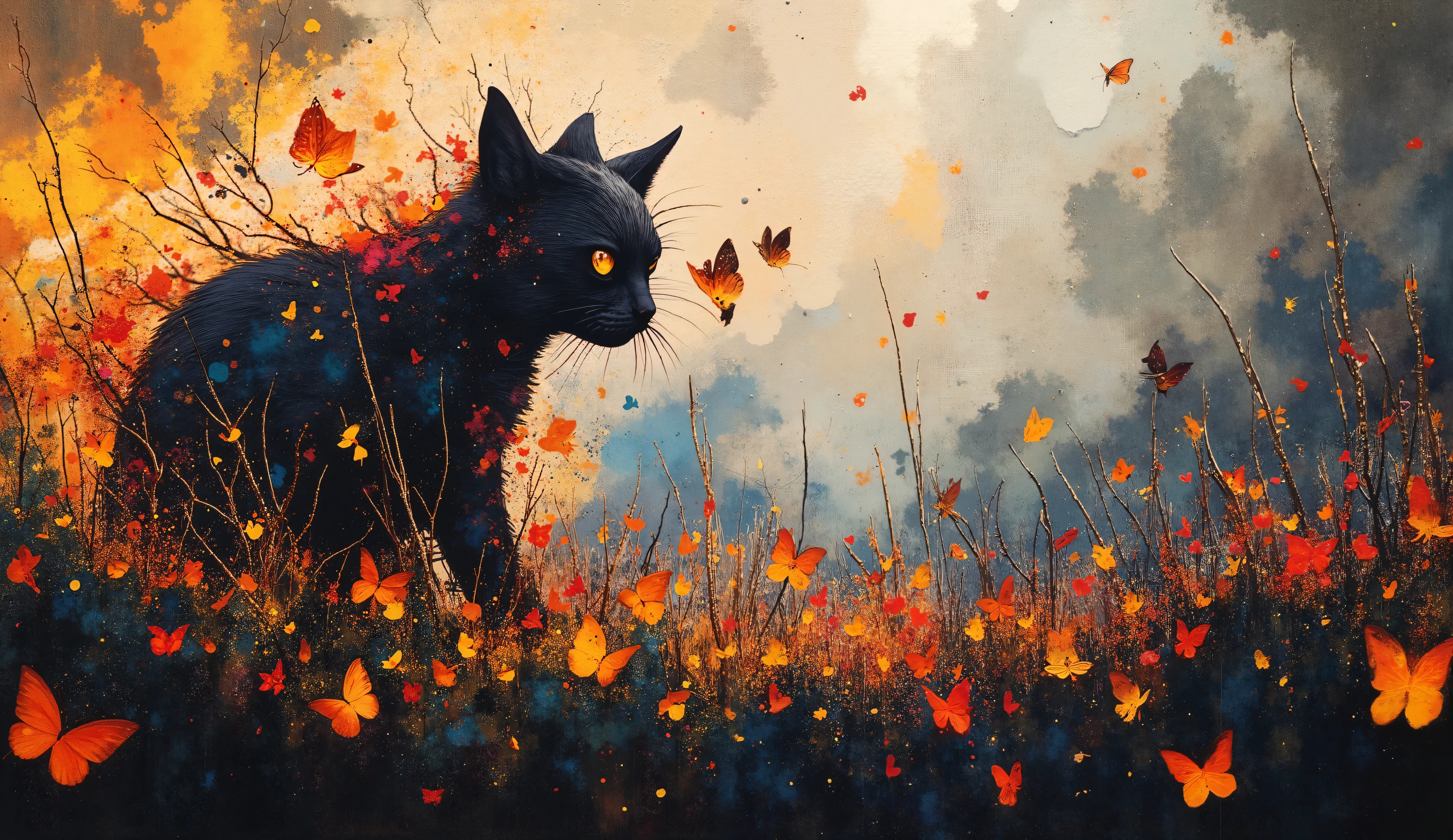 a modern collage, dramatic and powerful that transmits peace and mess. Incorporate textures of metallic sheets, elegant leather and metallic surfaces, blending abstract and real-world elements. The composition must appear intense, but graceful, symbolizing a peaceful scene of a cat playing with a butterfly. Use sharp contrasts, deep shadows and shimmering highlights to convey resilience, with subtle symbolism representing both the joy and the mess of the scene. Colors must be bold, but containing subtle nuances of reflection and release, incorporating a raw emotional atmosphere, Using full-bodied people in art.