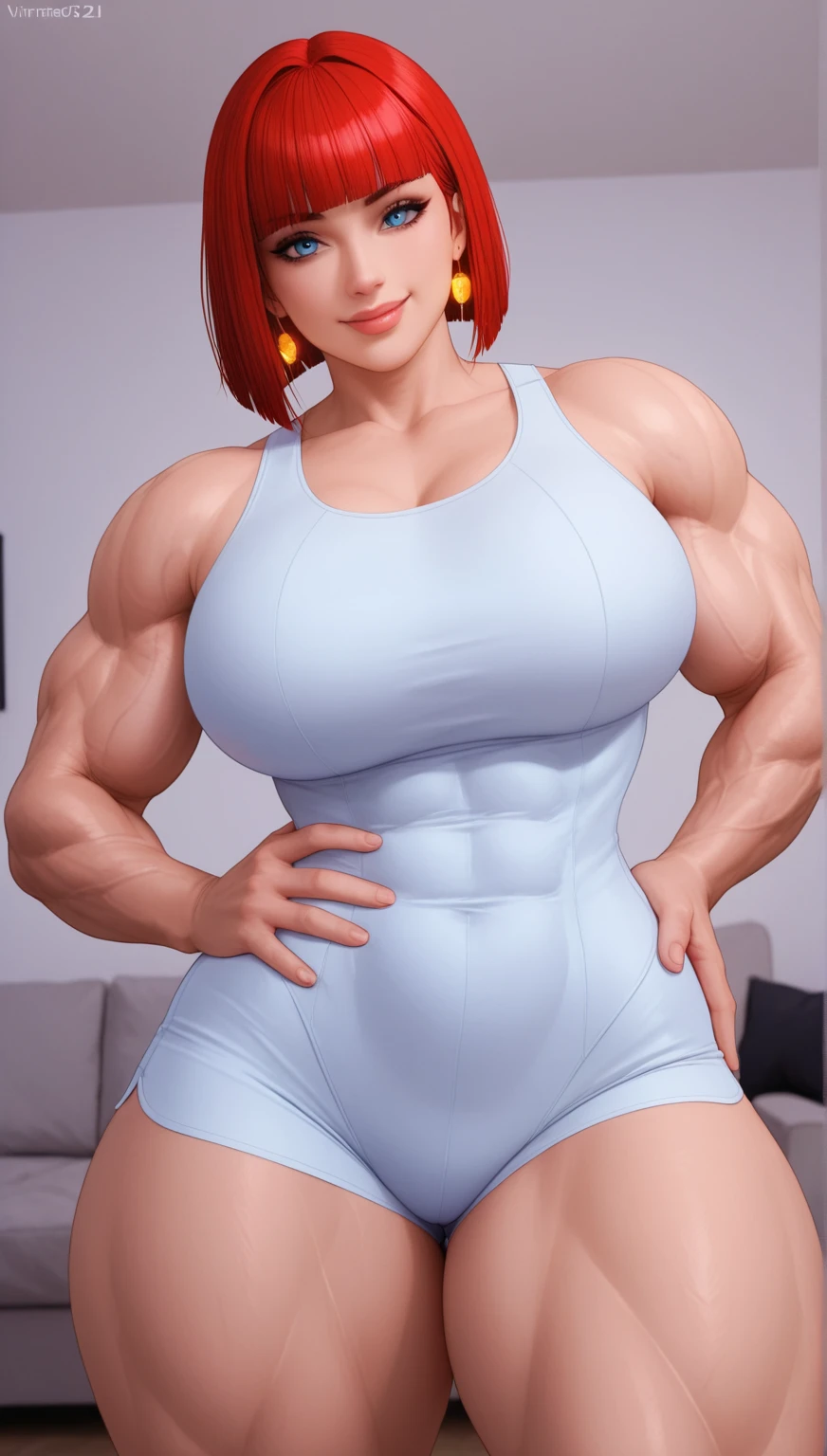 (cowboy shot), free hands, masterpiece, (photorealistic:1.4), best quality, beautiful lighting, (ulzzang-6500:0.5), looks at viewer, 1 girl, solo, (Delia_ketchum:0.8), mother, (hypermuscle, flexing, large shoulders, huge biceps, abs, huge quads:1.6), (naked, gigantic pecs, small breasts, nipples:1.2), pussy, (simple background), RAW photo, 8k uhd, film grain,  <lora:Muscle:1.4>,  <lora:Deliav1:1>