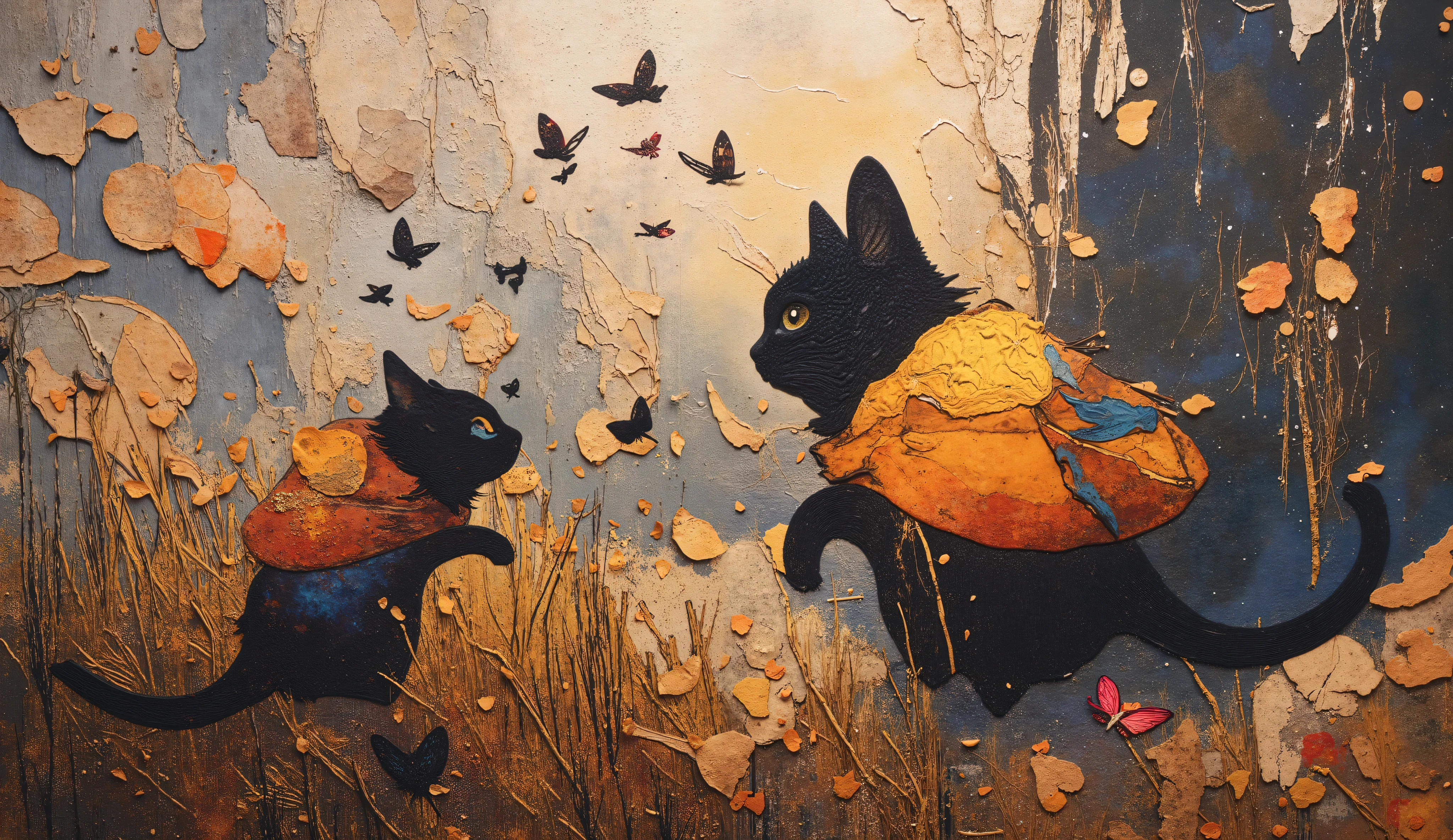 a modern collage, dramatic and powerful that transmits peace and mess. Incorporate textures of metallic sheets, elegant leather and metallic surfaces, blending abstract and real-world elements. The composition must appear intense, but graceful, symbolizing a peaceful scene of a cat playing with a butterfly. Use sharp contrasts, deep shadows and shimmering highlights to convey resilience, with subtle symbolism representing both the joy and the mess of the scene. Colors must be bold, but containing subtle nuances of reflection and release, incorporating a raw emotional atmosphere, Using full-bodied people in art.