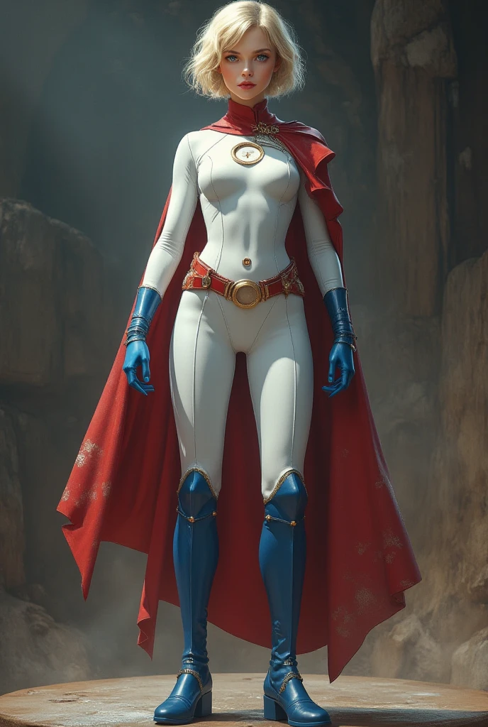 FULL BODY. A FEMALE WITH SHORT BLONDE HAIR, BLUE EYES WEARING A WHITE TURTLE NECK LEOTARD WITH LONG SLEEVES, A ROUND CLEAVAGE CUT OUT HOLE ON CHEST, BLUE GLOVES, BLUE BOOTS, A RED BELT WITH A GOLD CIRCLE, A LONG RED CAPE ATTACHED AT ONE SHOULDER WITH ONE GOLD CIRCLE CLASP. (THICK ROUND PERKY BREASTS). ABSURD 8K RESOLUTION, DYNAMIC BACKGROUND.