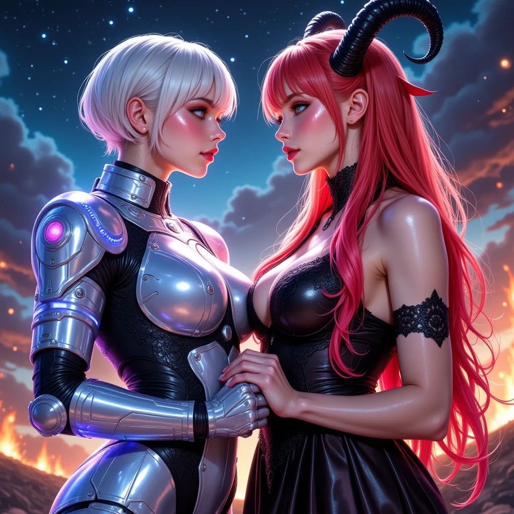 Realistic photography, high quality, Leeloo from Futurama catches evil robots on Mars, she is wearing a short skirt and a tight top, thin waist, detailed face, Moonlight night, thin hips, (unicorn in the distance: 1.1), strong wind, magic light, Danger