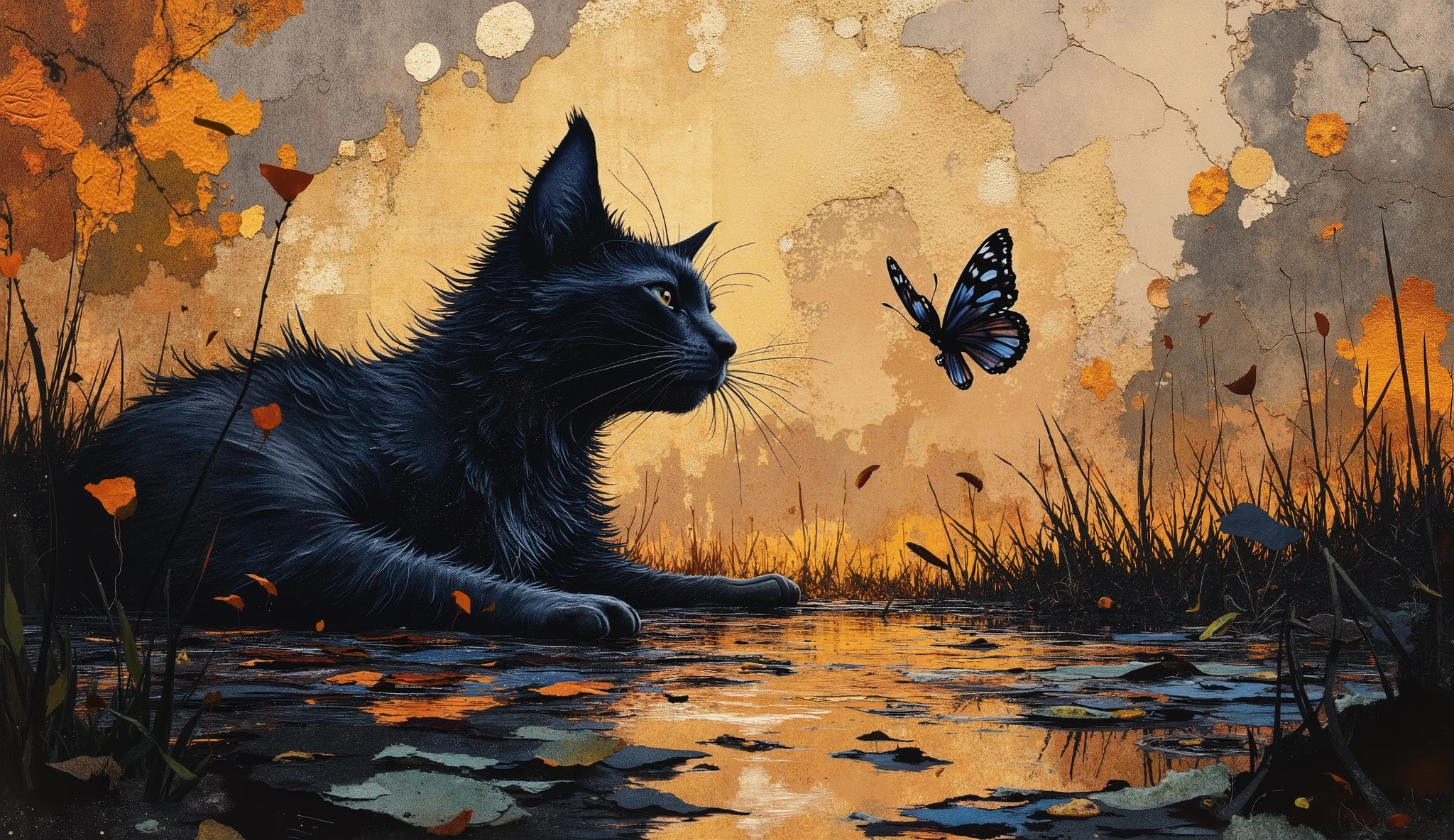 a modern collage, dramatic and powerful that transmits peace and mess. Incorporate textures of metallic sheets, elegant leather and metallic surfaces, blending abstract and real-world elements. The composition must appear intense, but graceful, symbolizing a peaceful scene of a cat playing with a butterfly. Use sharp contrasts, deep shadows and shimmering highlights to convey resilience, with subtle symbolism representing both the joy and the mess of the scene. Colors must be bold, but containing subtle nuances of reflection and release, incorporating a raw emotional atmosphere, Using full-bodied people in art.
