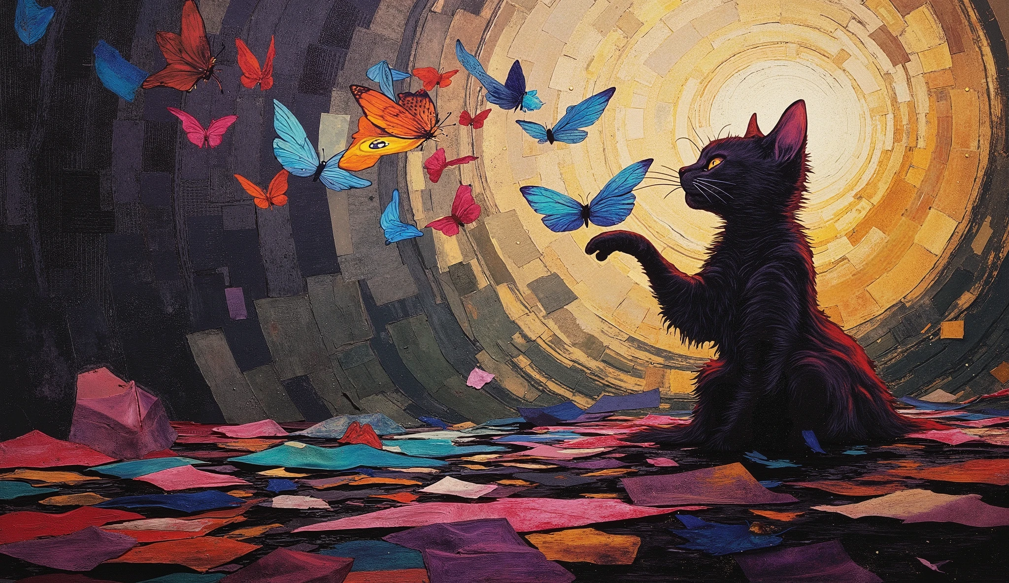 a modern collage, dramatic and powerful that transmits peace and mess. Incorporate textures of metallic sheets, elegant leather and metallic surfaces, blending abstract and real-world elements. The composition must appear intense, but graceful, symbolizing a peaceful scene of a cat playing with a butterfly. Use sharp contrasts, deep shadows and shimmering highlights to convey resilience, with subtle symbolism representing both the joy and the mess of the scene. Colors must be bold, but containing subtle nuances of reflection and release, incorporating a raw emotional atmosphere, Using full-bodied people in art.