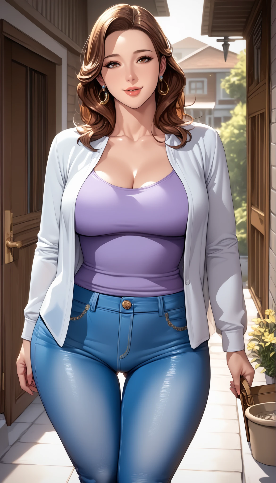 score_9, score_8, masterpiece, Anime Source _sexy brown hair, Low Ban, Housewife, Mature Woman, Mature Woman, wide hips, Big breasts, thigh, seductive smile,  open shirt, tight jeans, very detailed, beautiful lips, cute face, Standing, front view, I can see up to my knees