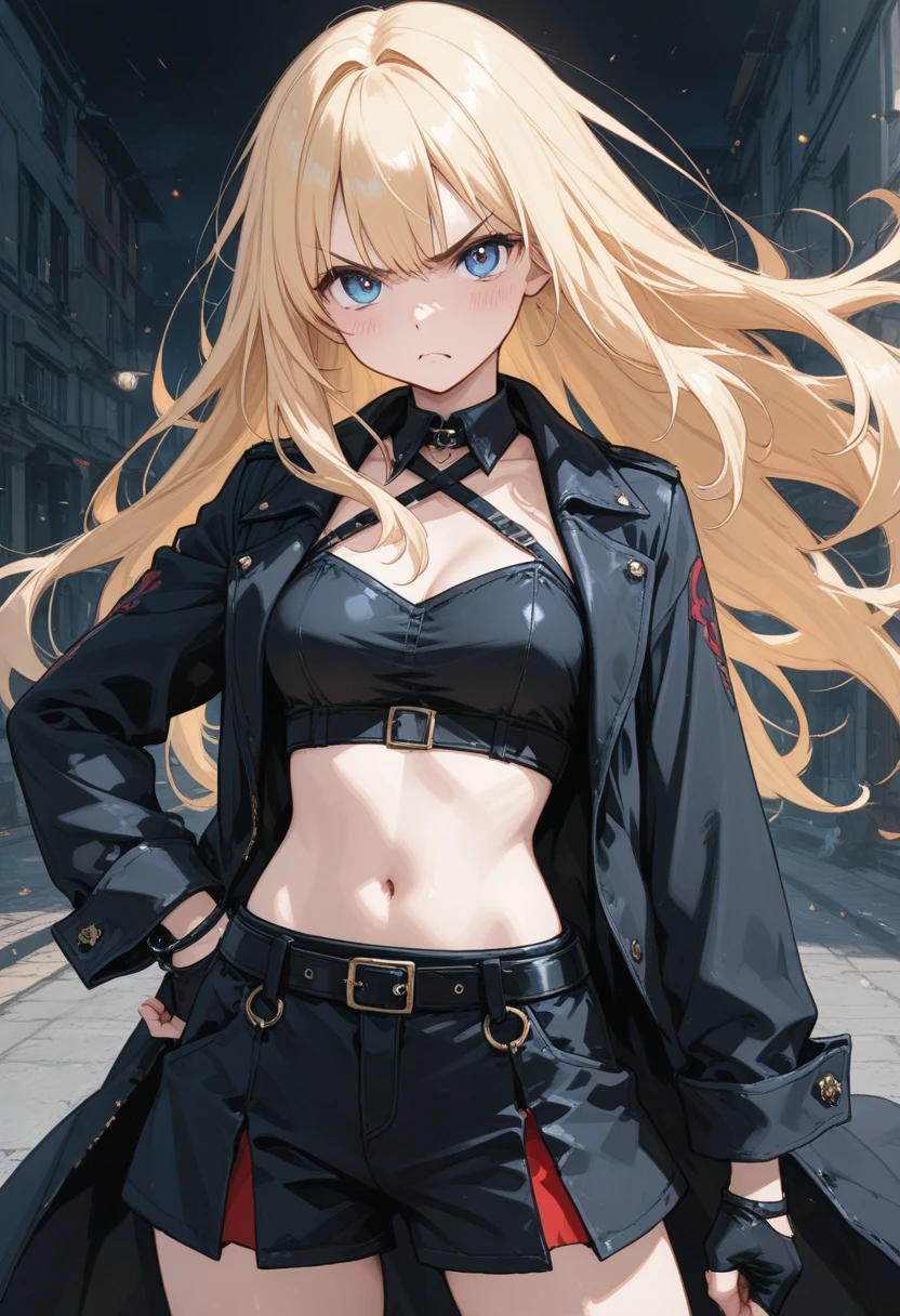 ((masterpiece)), ((best quality)), 1girl, adult, long hair, ((blonde hair)), blonde hair, ((intimidant look)), ((close-up)), green eyes, black and red clothes, sexy, dark colors, brillant eyes, ((coat with fur)), ((wavy hair)), perfect hands, ((sexy pose)), ((intimidant look)), good anatomy, ((dark sage clothes)), ((straight cut bangs)), emotionless, intimidant, ((beautiful eyes)), close up, ((detailed eyes)), beautiful eyes, ((detailed face)), hair bang, frontal look, abs, smile, detailed face, eyepatch, full body