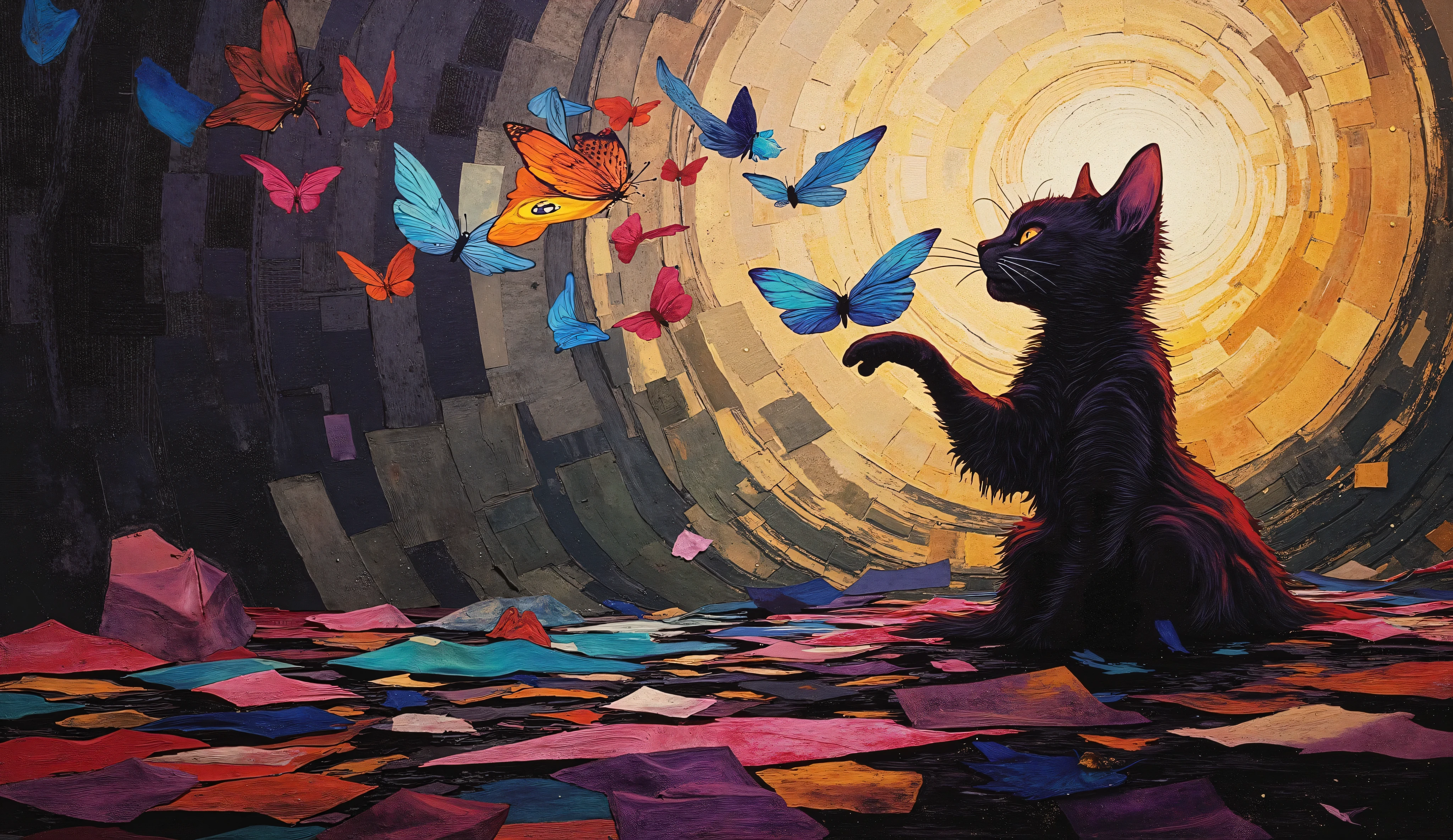 a modern collage, dramatic and powerful that transmits peace and mess. Incorporate textures of metallic sheets, elegant leather and metallic surfaces, blending abstract and real-world elements. The composition must appear intense, but graceful, symbolizing a peaceful scene of a cat playing with a butterfly. Use sharp contrasts, deep shadows and shimmering highlights to convey resilience, with subtle symbolism representing both the joy and the mess of the scene. Colors must be bold, but containing subtle nuances of reflection and release, incorporating a raw emotional atmosphere, Using full-bodied people in art.
