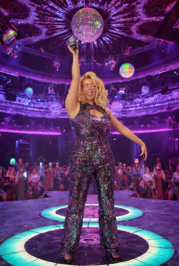 Famous and gorgeous 28 years old U.S. Actress Meg Ryan with full short blonde 1980s style mane, elaborate make-up, elaborate stylish evening dress with some golden jewellery, is standing in a dark disco on an illuminated stage with colourful lightning effects, small balloons and glitter hovering around and smiling, the overall atmosphere is lively and dynamic, realistic U.S. Actress with atmospheric lighting enhancing the cinematic fee