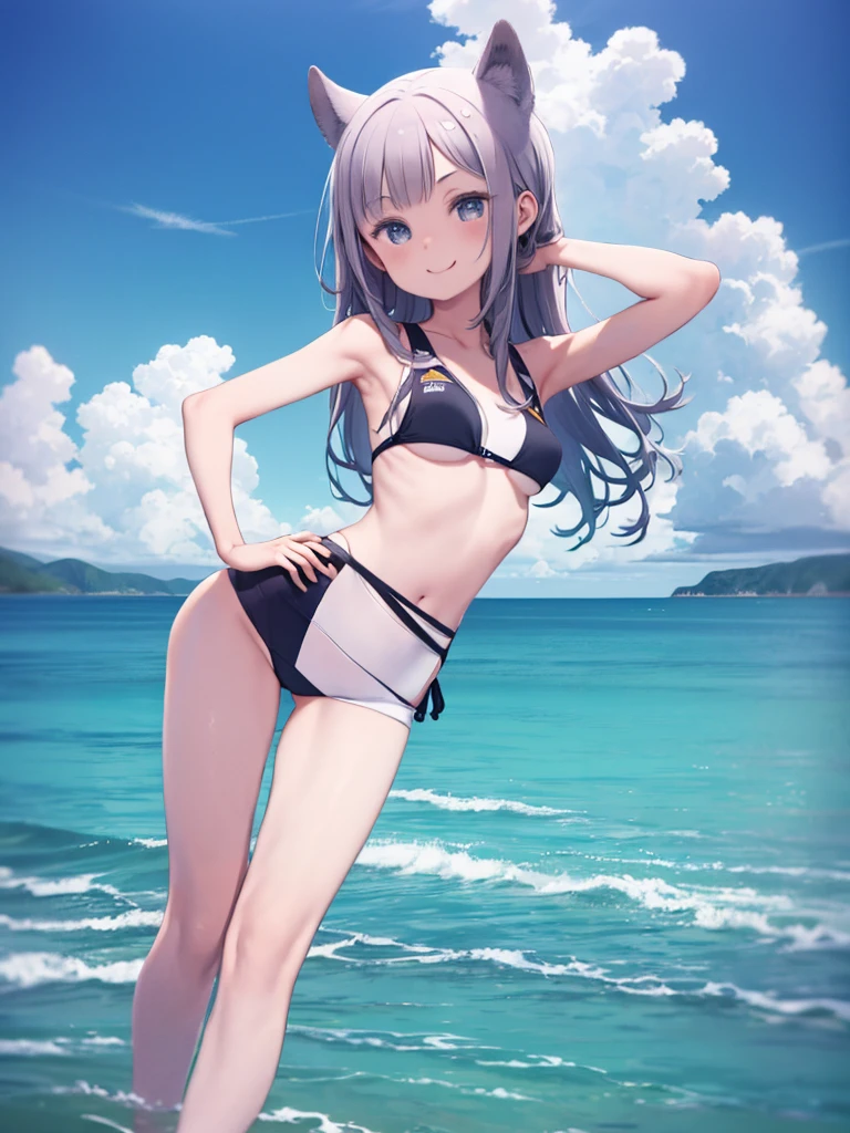anime girl in a bikini on a pier by the ocean, realistic bikini, clothing: bikini, 3d anime girl, render of a cute 3d anime girl, Smooth anime CG art, Pause, , フルPause, Live2D Virtual Youtuber Model, in the sea, Wearing a swimsuit, 淫らなPause, ビーチでPauseをとる