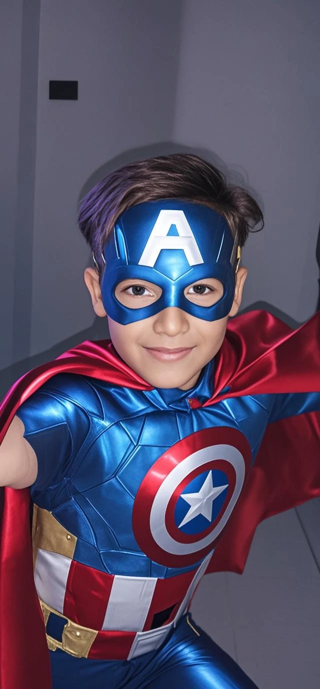 Boy in Captain America costume posing for photo, wearing hero costume, posing like a superhero, traje completo, usando armadura thanos, super hero pose, super hero costume, marvel superhero, puerto rican super hero, Captain America, posando pronto para uma luta, Confident heroica pose, heroic!!!, super hero, Heroic Action Pose, wearing thunder armor
