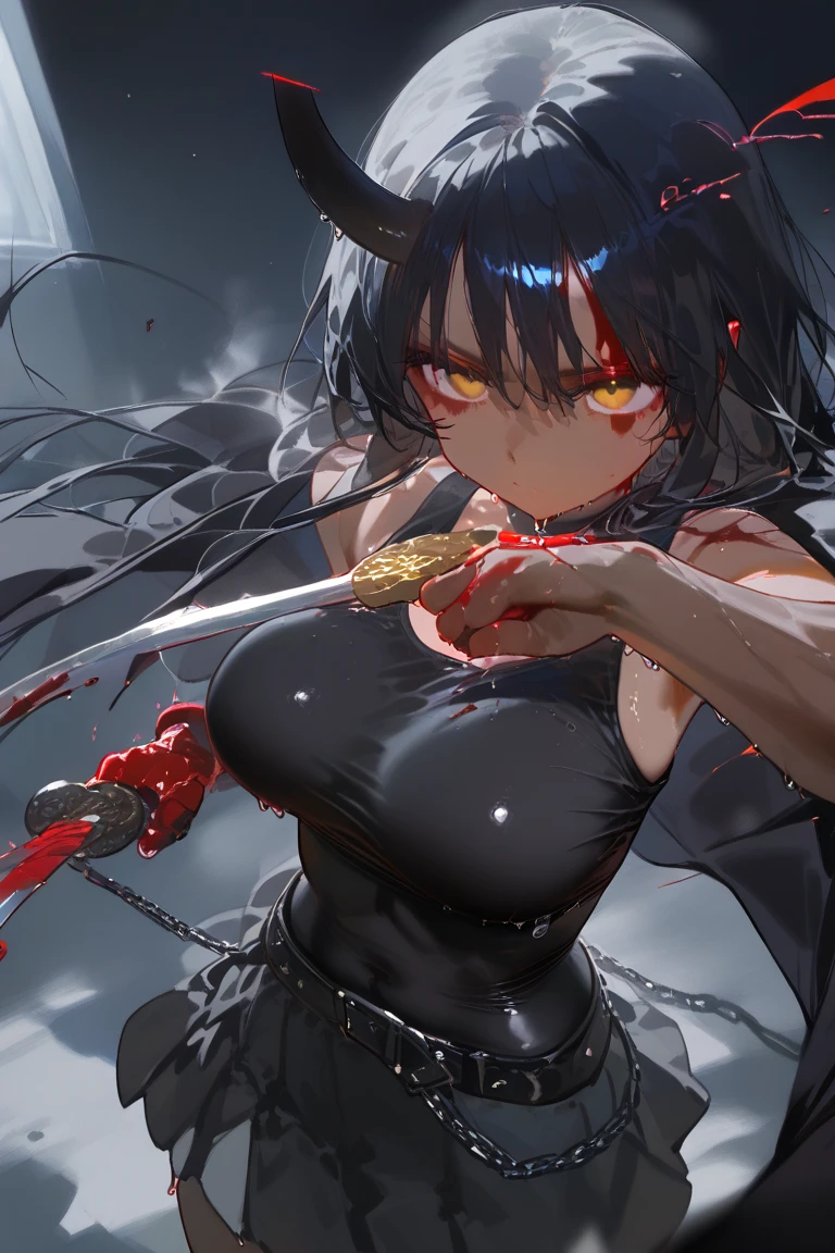 masterpiece, best quality, ultra-detailed, illustration, epic lighting, cinematic composition, colorful, isometric,(hexagon:1.2), 1girl, horns, solo, yellow eyes, black hair, long hair, slit pupils, cleavage, bare shoulders, hair between eyes, medium breasts, white dress, gold trim, detached collar, standing,  (((((upper body))))), looking at viewer, blush, particle effects, (8k:1.1), ((((((blood, dominant, cruel))))))