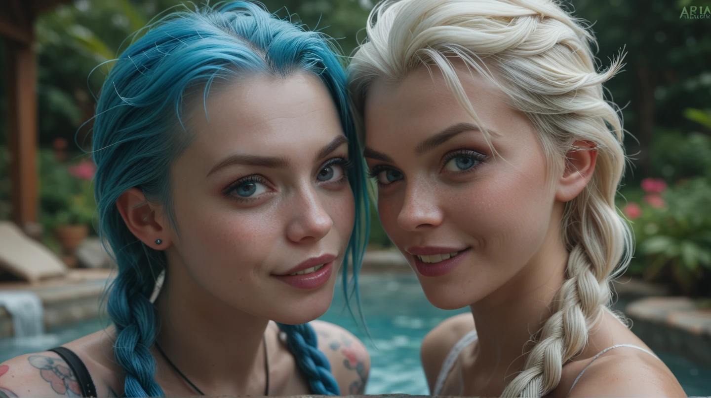 Two girls hugging in front of the sea in the moonlight, One with dark skin, short white hair and others with blue hair, another with blonde hair and yellow eyes, light skin and just a little robust