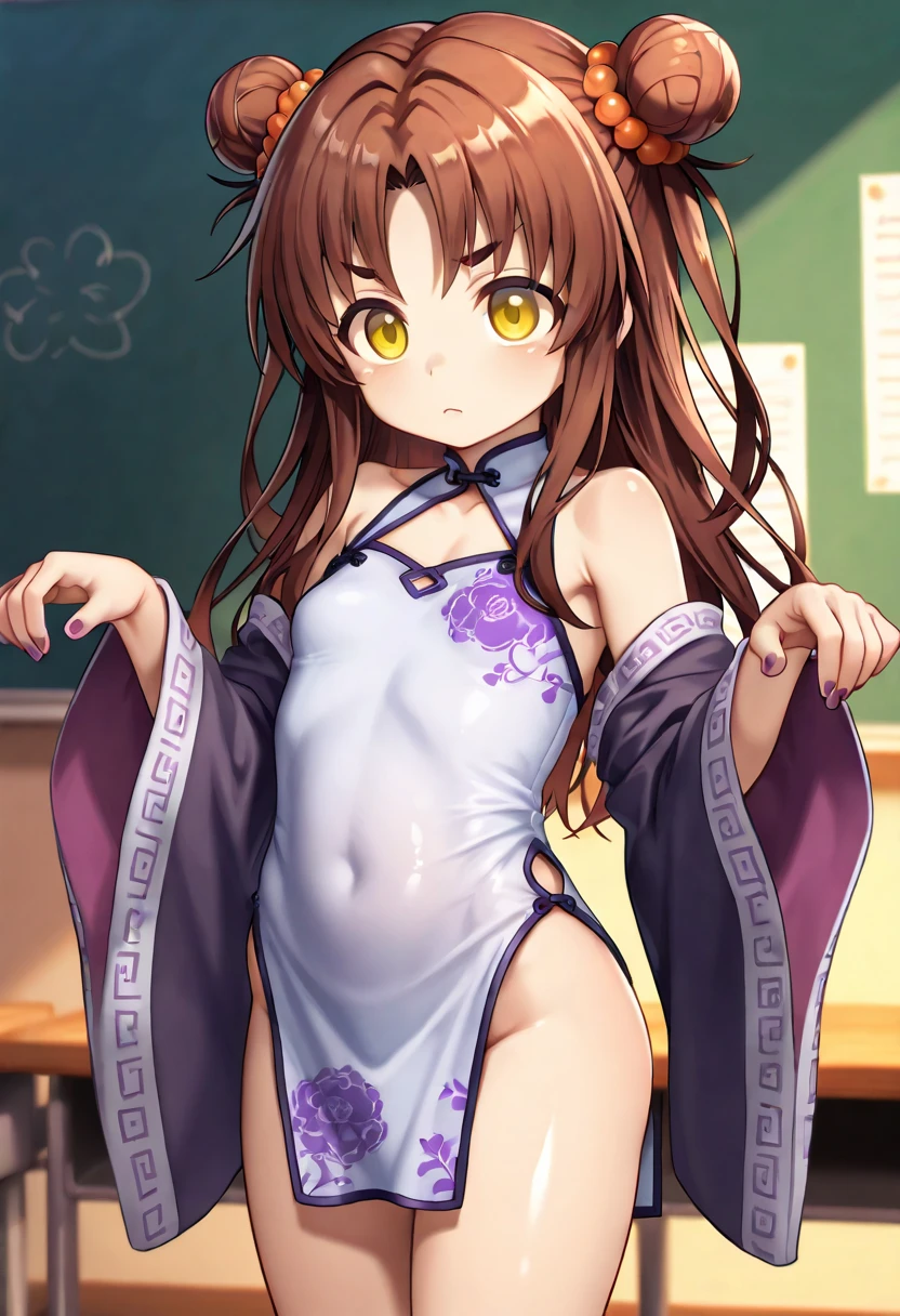 Witch Hat (Brown Hair) Long Hair (((Small breasts))) (Purple Eyes) (((child))) (Slanted Eyes) (((low length))) ,(Turn around)  (((solo))),  Embarrassed,  blush, uniform、 (((A girl farts)))Standing with legs together、((Squat))
、(Holding on)((Her butt is facing me))  (((Loli face)))(((Yellow gas leaking from the anus)))(((high quality)))