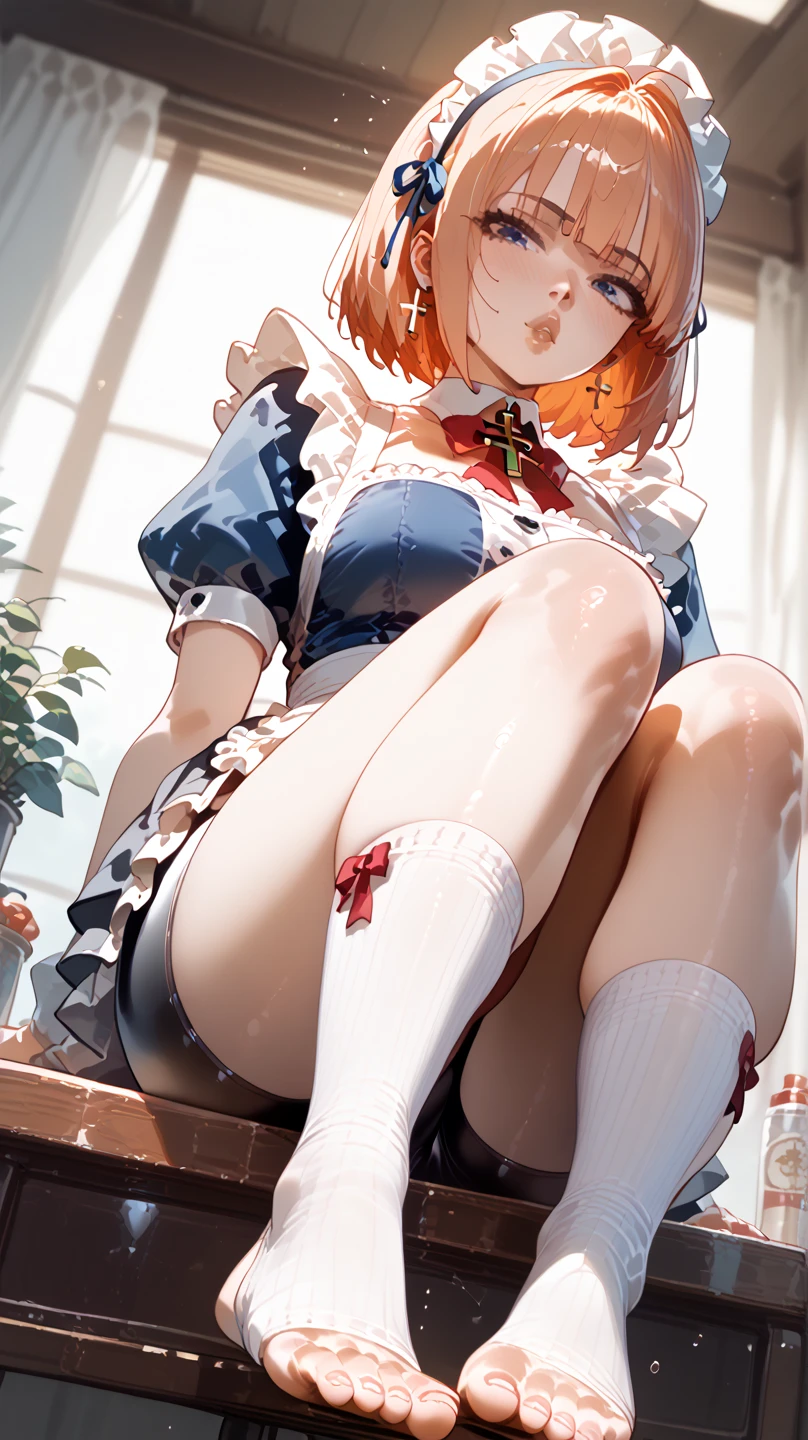 beautiful girl, (blush), Show her slim thighs and shoulders, big breasts, Wear an apron, human wife, in the kitchen, (kneel on the ground).side boob、blonde、high position ponytail、breasts squeezed together,(small hips),(thin short thighs), (skinny body), (White cream is on the body)、small butt、thin legs、(White apron with coarse lace)、(palms together、intertwine your fingers、pray)、Naked in an apron、