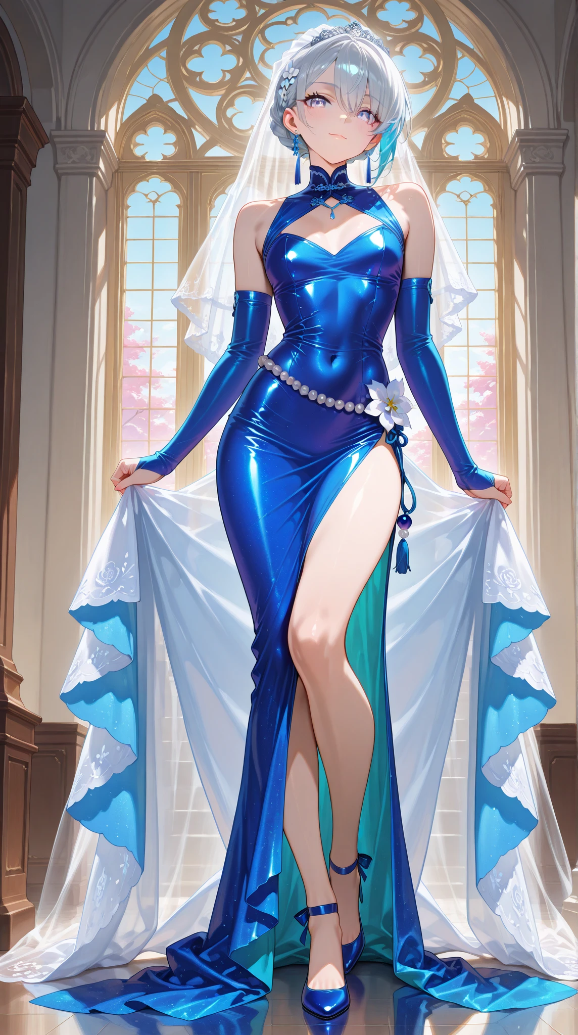 (masterpiece,highest quality,超A high resolution),Japanese women, (((Very beautiful 25 year old girl))), pretty girl、Satin maid dresses completely cover the body without revealing the chest area..、(Shiny light blue long sleeve maid dress)、High neck shirt、Mermaid-style long skirt、Satin