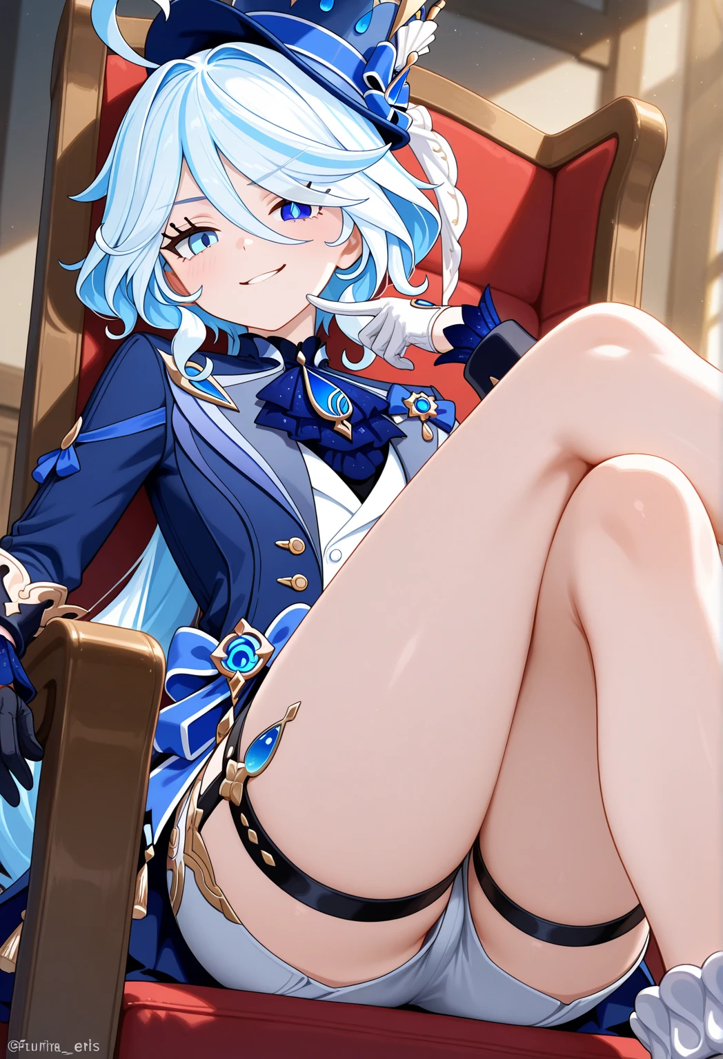 masterpiece, best quality,
1girl, furina (genshin impact), hat, blue eyes, silver hair, solo,bangs, official outfit, cute, unbottoned, (((small breasts))), ((pov panties)), bedroom, legs, panties, ass