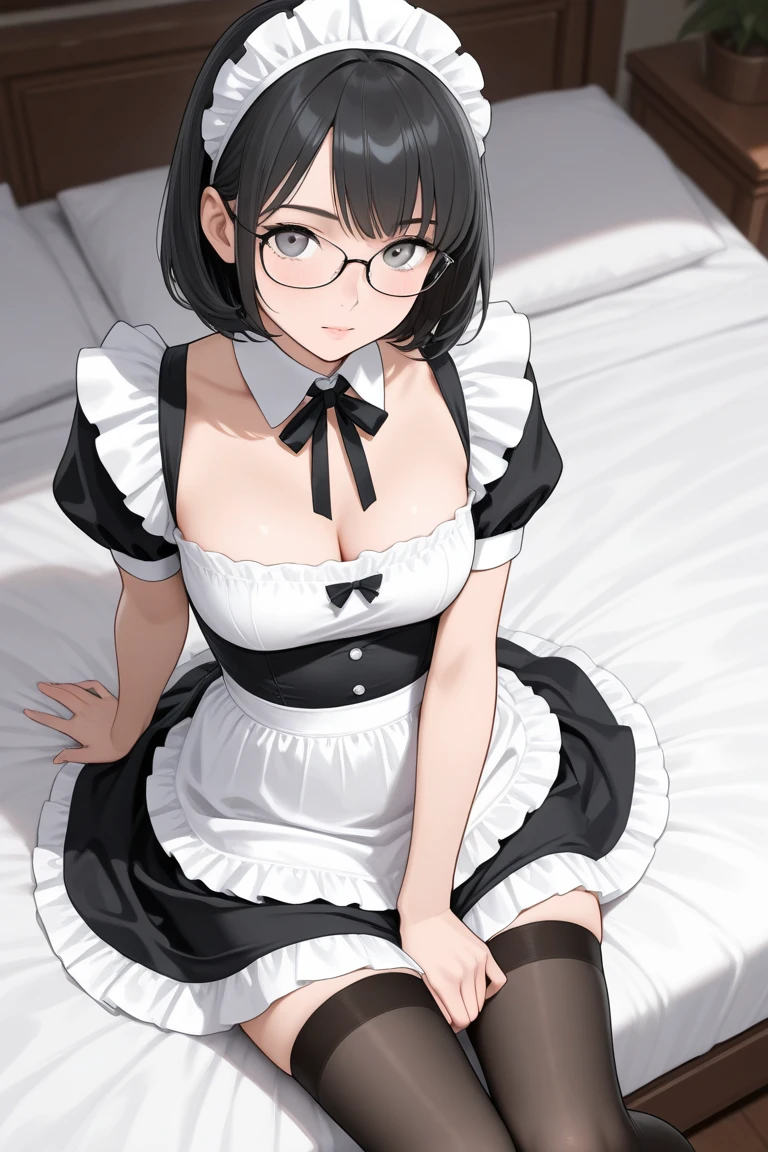 Night time,(Masterpiece), Best Quality, ultra-detailed, 1girl (eri, Slender and sexy body, huge breasts, wide hips, brown hair, single hair bun, brown eyes, spectacles), a surprised face, open mouth, nose blush, blush, facing viewer, looking at viewer, solo, maid (black), frill, apron, maid headdress,skirt lift, black lace panty, black lace thighhighs, in the bedroom, on the bed, lie down, lying, arms up