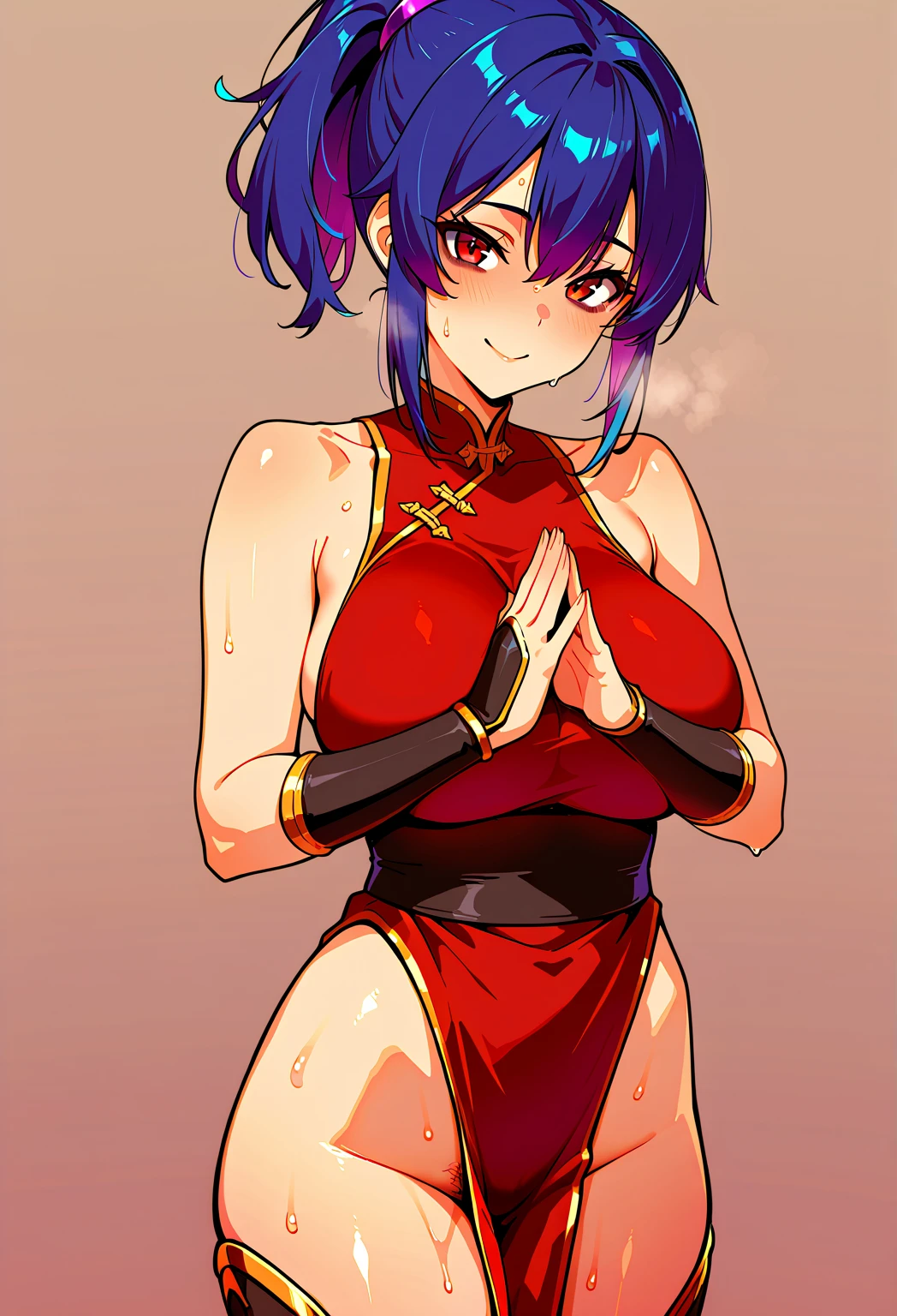 (HD, Sharp, Fractal), 1 Woman, Super Glossy Skin, Brown Skin, Evil Dancer, (crotch tattoo:1.1), Design tights, Evil smile, ahegao, blush, sweat, open mouth, rolling eyes, tears, tongue out, open the thighs, famale masturbation, (female ejaculation:1.4),