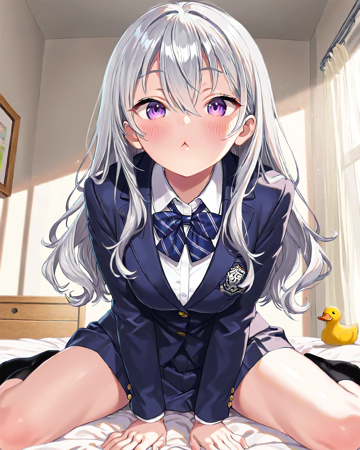 1girl, Green Eyes, Grey Hair, hair ornaments, Animal ears, Small breasts,uniform,Navy Blue Blazer,White shirt,Pink ribbon,Grey Skirt,No underwear,{{1boy,cunnilingus}},