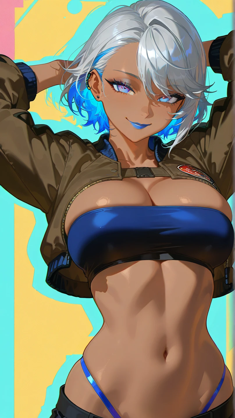 Adult woman, short white hair, high ponytail, blue eye color, White luxury jacket, pants, open breasts, blue lipstick, ssmile, Masterpiece, hiquality