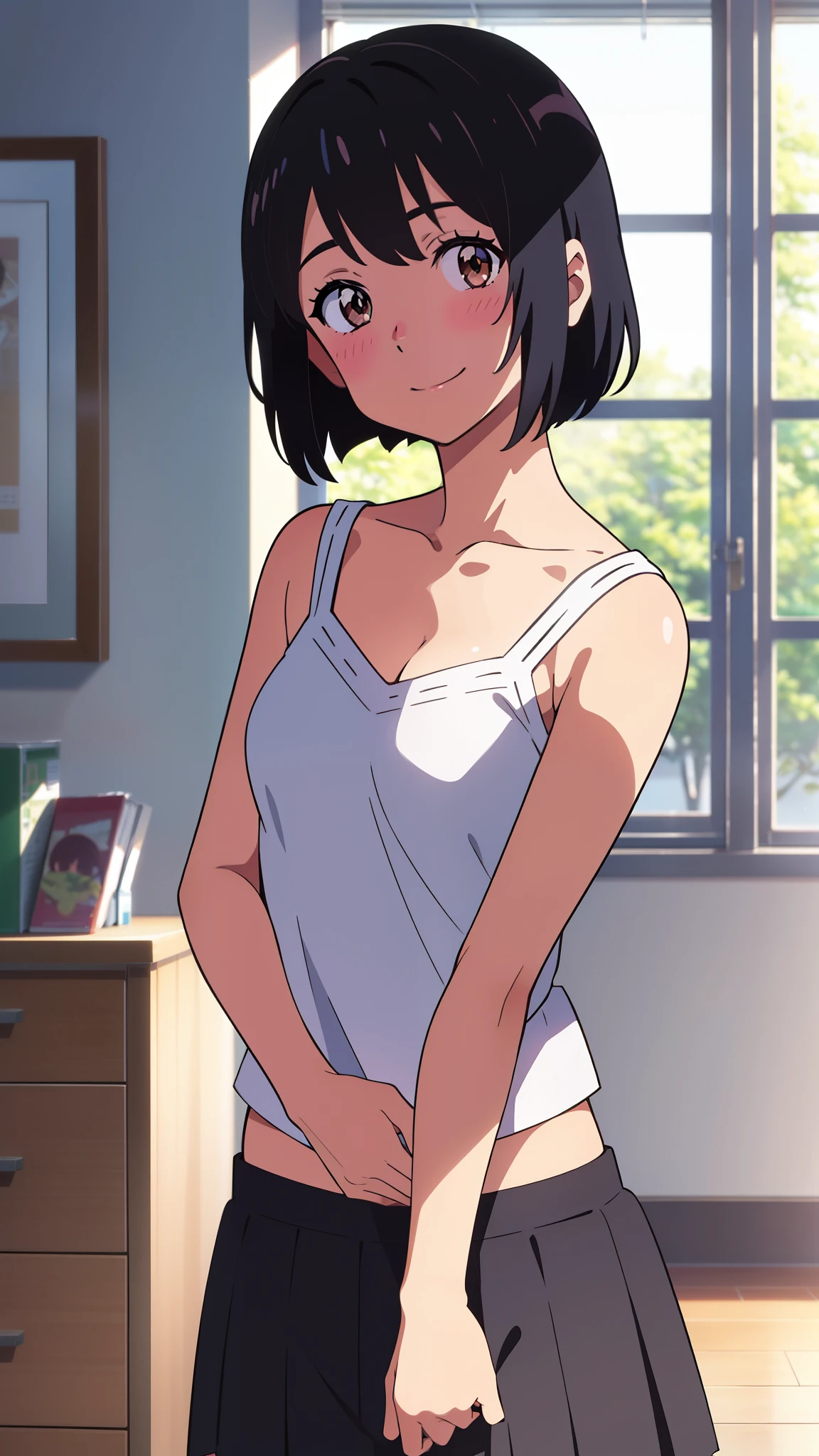 shinkai makoto, kimi no na wa., 1 girl in, bangs, black hair, blushing, brown eyes, shinny skin, short hair, smile, cute, solo, Sleepwear, looking at viewer, medium bust, embarrassed, sitting on bed, sexy