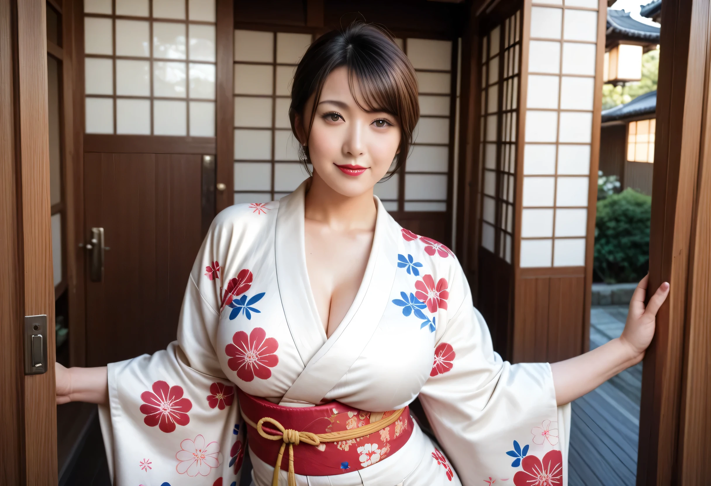 scene with a hot cute beautiful japanese 25 yo woman with big boobs wearing a traditional kimono, natural lighting, makeup, highly detailed, high resolution photo, subsurface scattering