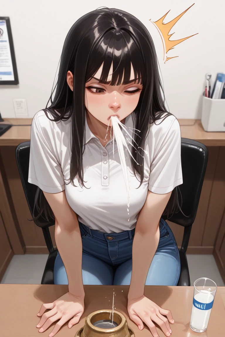(masterpiece:1.3), (8k, Realistic, RAW Photos, highest quality: 1.4), ((One Japanese woman, Sadako)), Beautiful Face, (Realistic Face), (Black hair straight, Long Hair:1.5), ((The face is hidden by bangs:1.4)), Beautiful hairstyle, Realistic eyes, ((White of the eyes:1.2)), Beautiful fine details, (Realistic Skin), Beautiful Skin, ((Pale skin:1.4)), Absurd, Charm, Ultra-high resolution, Ultra-realistic, Very detailed, Golden Ratio, ((Crawling out of a TV monitor and giving a blowjob)), ((Eyes closed)), ((orgasm:1,0)), ((Frowning)), (Flushed:1.0), NSFW, (Giving a blowjob), fellatio, (cum on face:1.2), (cum on mouth:1.2), (Close-up of face), BREAK, ((1boy, 1penis)), real glans, real tips, (Very thick penis), Penis with protruding blood vessels, Realistic penis, (projectile cum), (excessive cum:1.2), (steam:1.1), Top-down view, A dark four-and-a-half-tatami Japanese-style room in the middle of the night