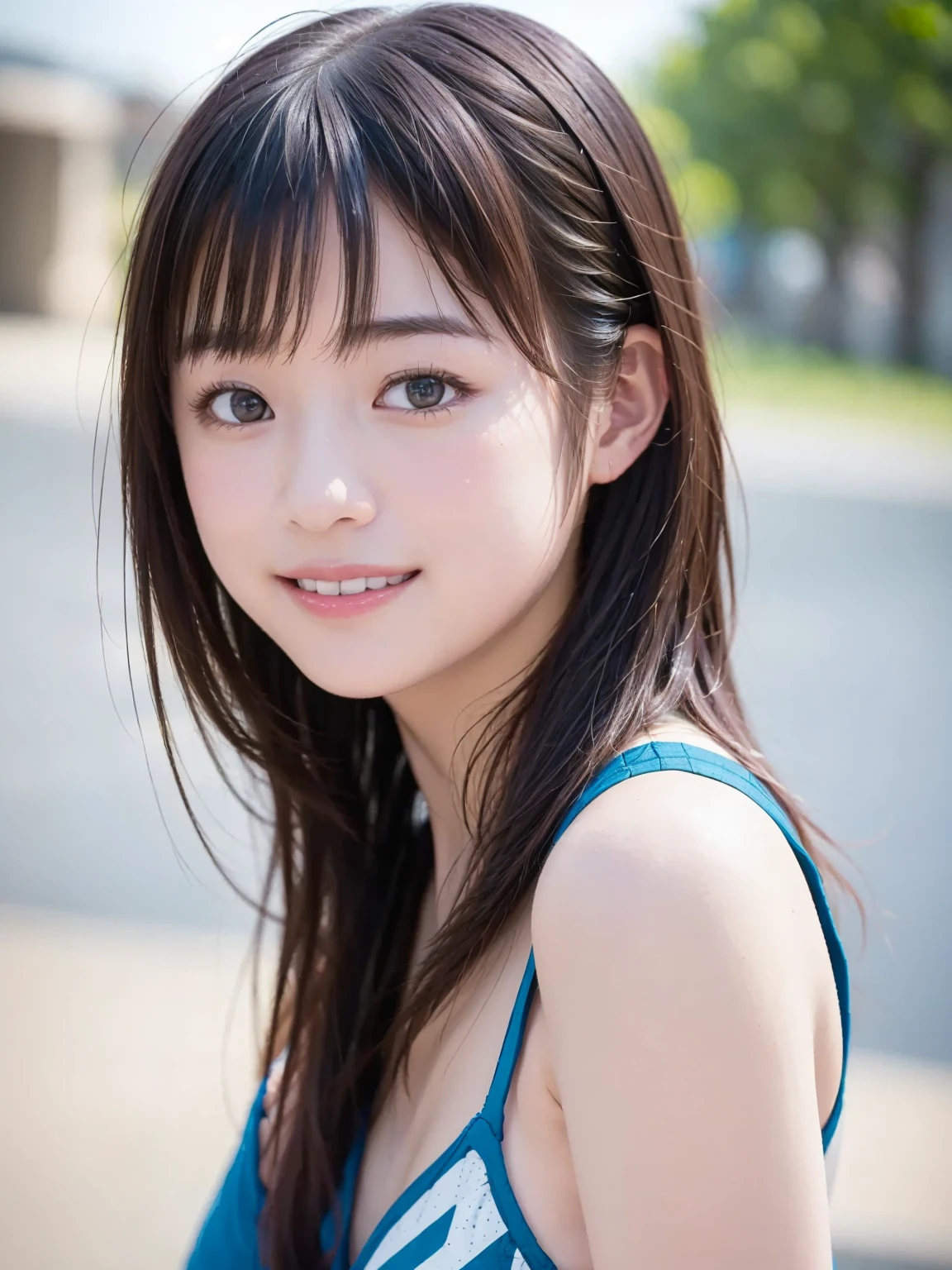 (Best-quality, Masterpiece, Ultra-High-Resolution, (Photorealistic:1.4), Raw Photo, depth of field, professional lighting, perfect anatomy, extremely details), 1girl, the most famous Japanese idol, portrait, (extremely realistic face like the most popular Japanese idol, (extremely realistic and extremely big eyes), extremely realistic black-hair), extremely realistic long-eyelashes, extremely realistic lips, (((extremely beautiful and extremely realistic skins))), ((innocent smile))