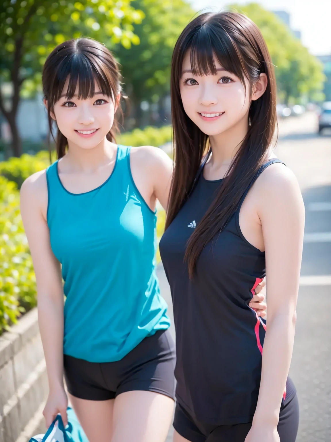 (2 girls, same height :1.2) , 、japanese girl , (smile:0.7), walking next to each other , (school playground),sweaty body、wet hair、school swimwear, armpit, big breasts,realistic nipples, realistic butt crack, にやにやのsmile, very short hair , (high color saturation:1.0), (highly detailed skin), (highest quality:1.0), (超A high resolution:1.0) ,(realistic:1.0), (Super detailed:1.0), (8k, RAW photo:1.1)、((trimmed pubic hair))、