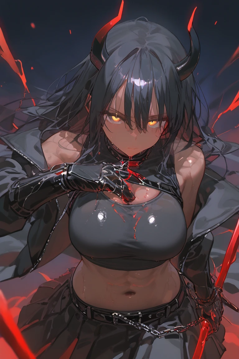 An ultra-detailed wide-angle camera shot captures the imposing figure of an anime demon lord, exuding an air of menacing power and dark charisma. With a towering physique and jet-black horns curling from his head, his form casts ominous shadows against the backdrop of a fiery, crimson sky adorned with swirling, ominous clouds. His piercing, red eyes blaze with an otherworldly energy, reflecting the intense light that dances across his razor-edged features. Clad in a formidable, winged armor, intricately designed with complex patterns and sharp edges, the demon lord's every muscle is defined