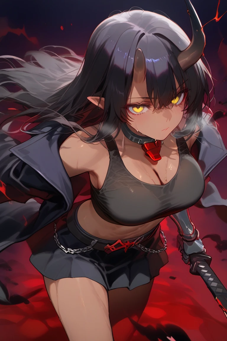 Girl, red skin, dark eyes, mouth with sharp teeth, naked covering only the breasts, angry face, in a burning place