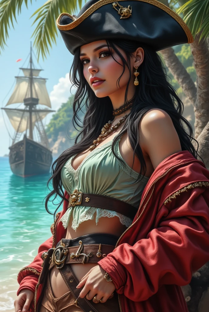 8k, Babes, There's a woman in a pirate costume posing for a photo, Mulher PIRATA, Pintura Digital Renascentista, pintura realista de mulher espanhola, retrato de Megan Fox como rainha, in digital illustration style, no estilo da Pintura Digital, retrato de pirata, rainha pirata, totalmente vestido. pintura de sexy, pintura sexy de gal gadot, female pirate captain, linda mulher
