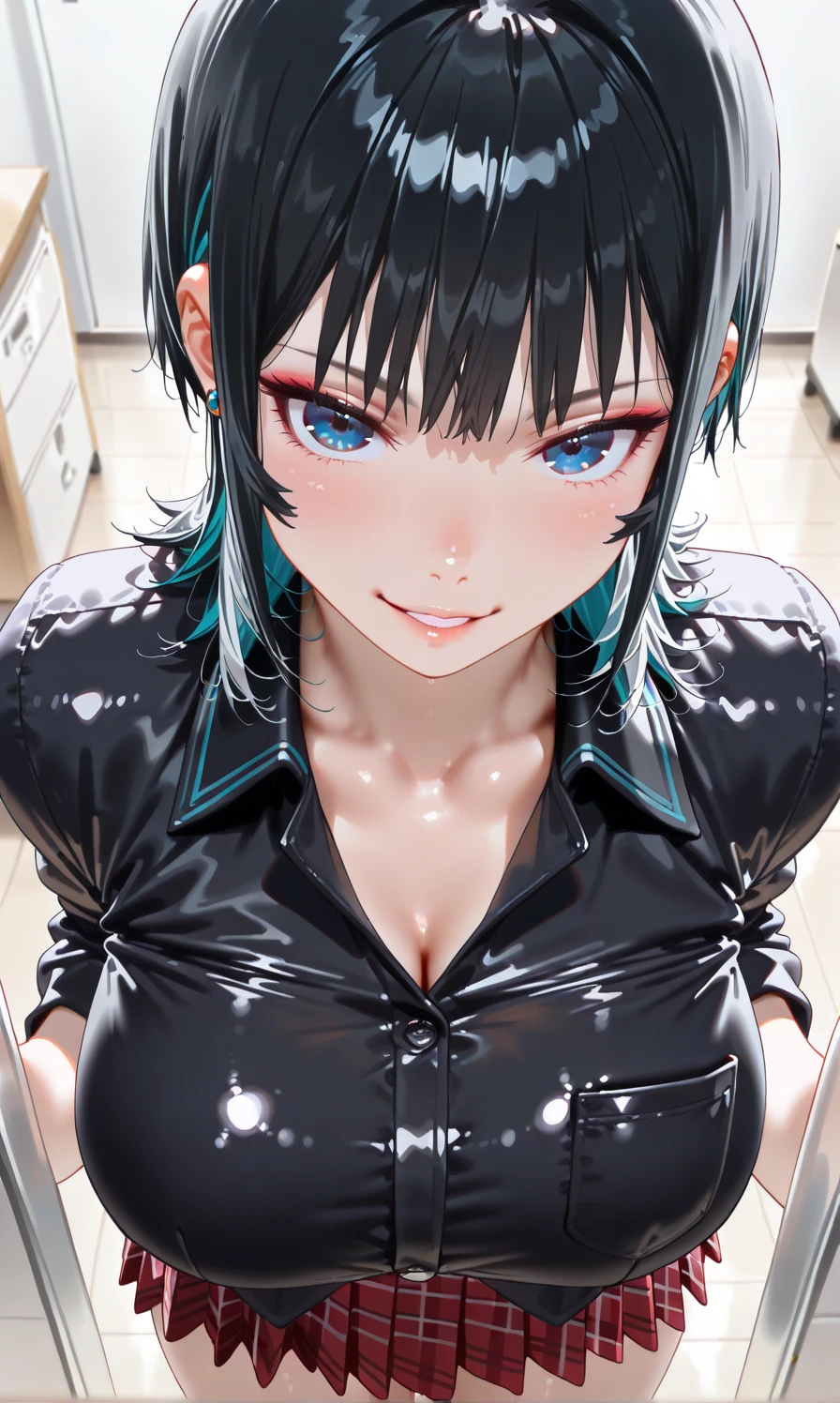 masterpiece, ultra-detailed, best quality, extremely detailed, 4k, 8k, high res, realistic, 1girl, 18yo, beautiful girl, detailed face, face focus, surprised face, clear-cut beauty, rolling eyes, half closed eyes, (shiny light blue beautiful eyes ), (narrowed eyes:1.2),tears, (Expectant smile:1.2), open mouth,(blush, sweat, open mouth, tongue sticking out:1.4), steam, (blush:1.2), medium bob hair,deep blue hair,( blue beautiful hair, swept bangs),navel exposed, show off nipples, (shirt lift:1.4), areola, looking at viewer,white background, , mechanical body armor, trembling with sexual climax, armor,