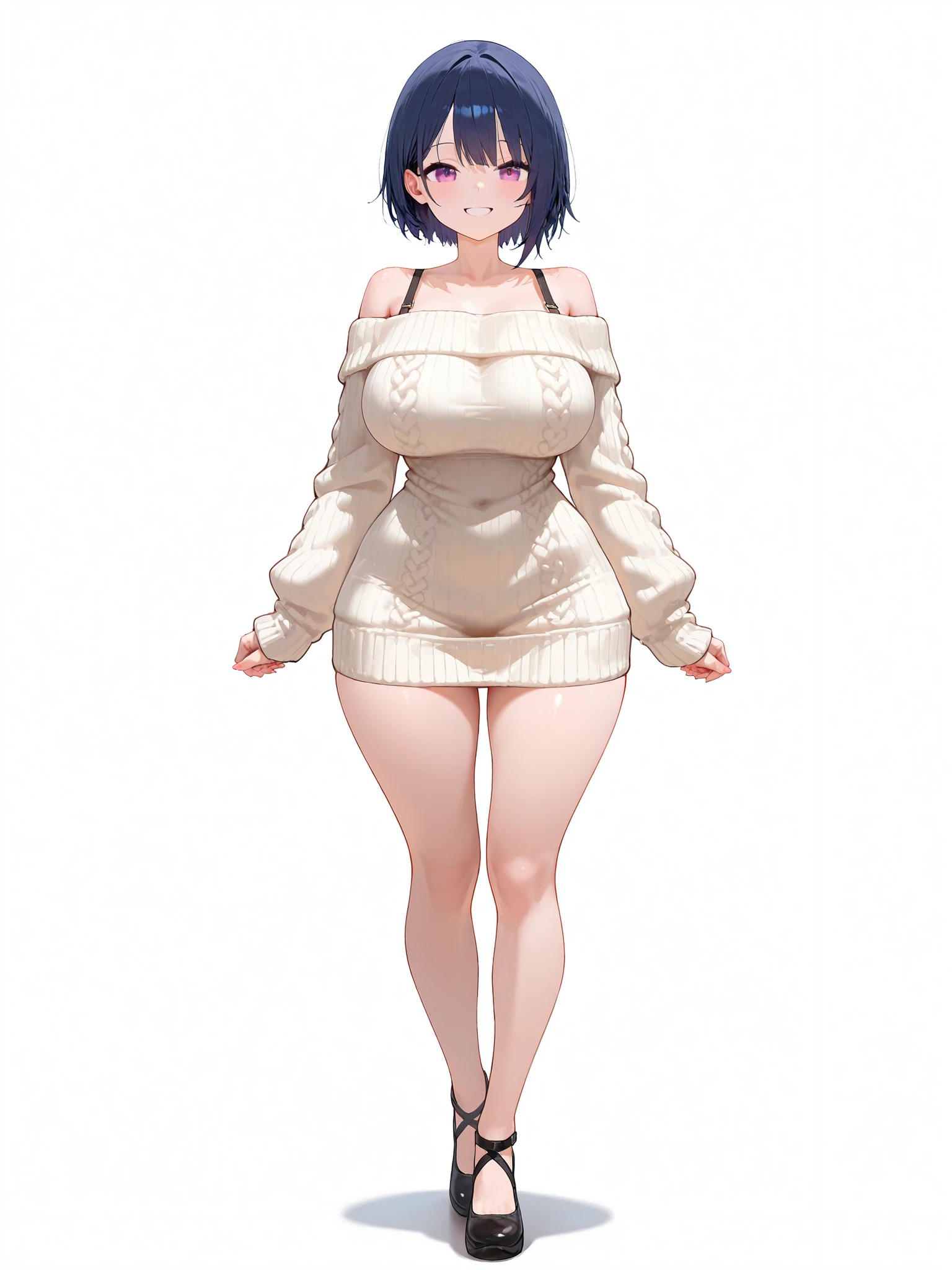 realistic image, coherent image, detailed image, 1 beautiful elf, She has black hair, pulled back, red eyes, her face is oval and delicate, Blushing, smiling, She is wearing a long off-shoulder sweater, slippers moccasins, She has a curvy body, small breasts, thick thighs, sexy pose, snowflakes, black background,