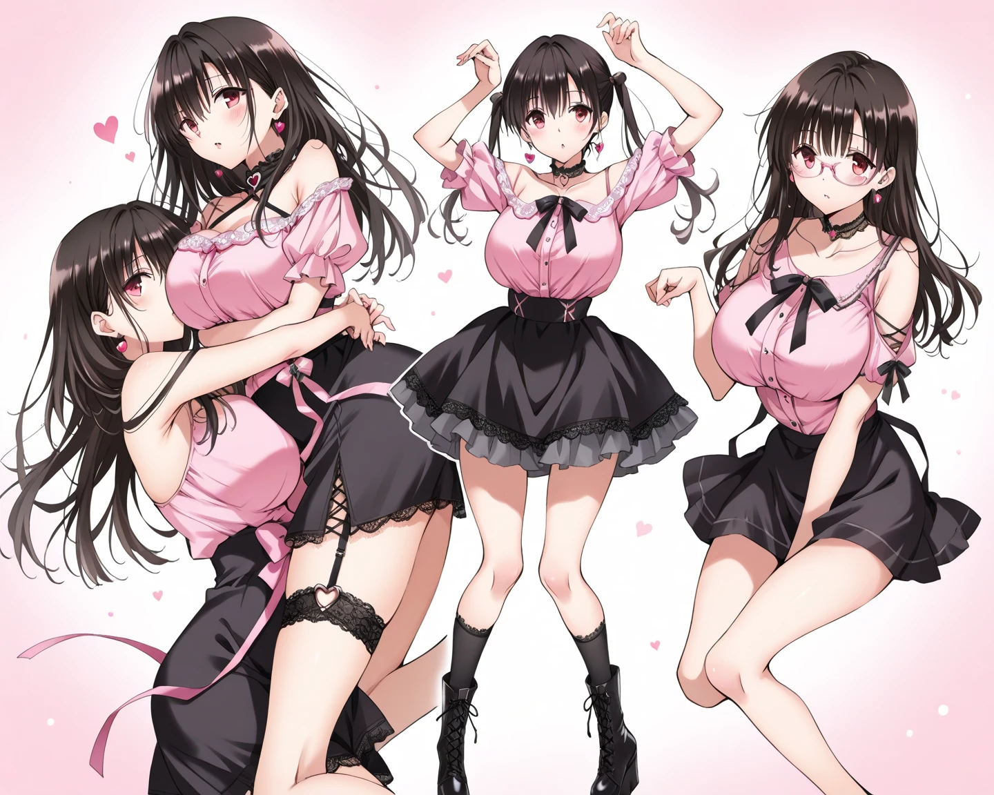 1girl,solo,yuuki mikan,, ,brown hair,, ,1girl,,,medium breasts,,open mouth,,cowboy shot,smile,(spoken heart),simple background,grey background,looking viewer,bare shoulder,micro skirt,cowboy shot,thighhighs,(lovey,cute),standing,panties,arms behind back,closed mouth,shoes