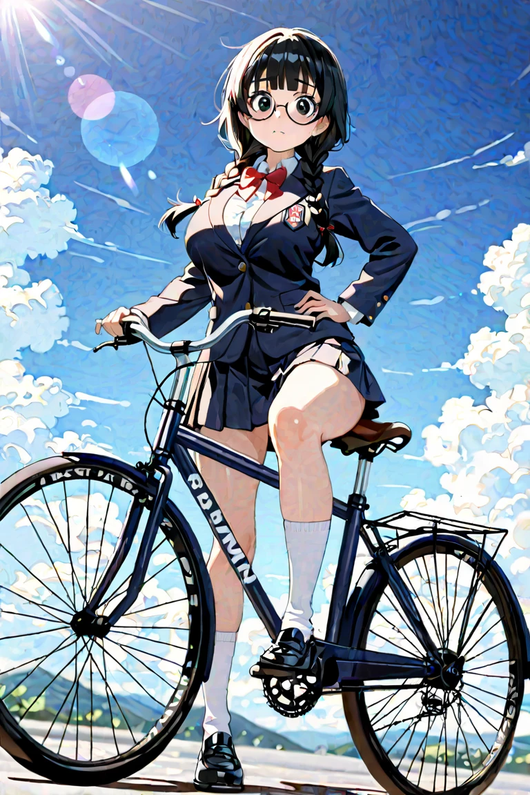 Animated image of girl in uniform riding bicycle and flying in the sky