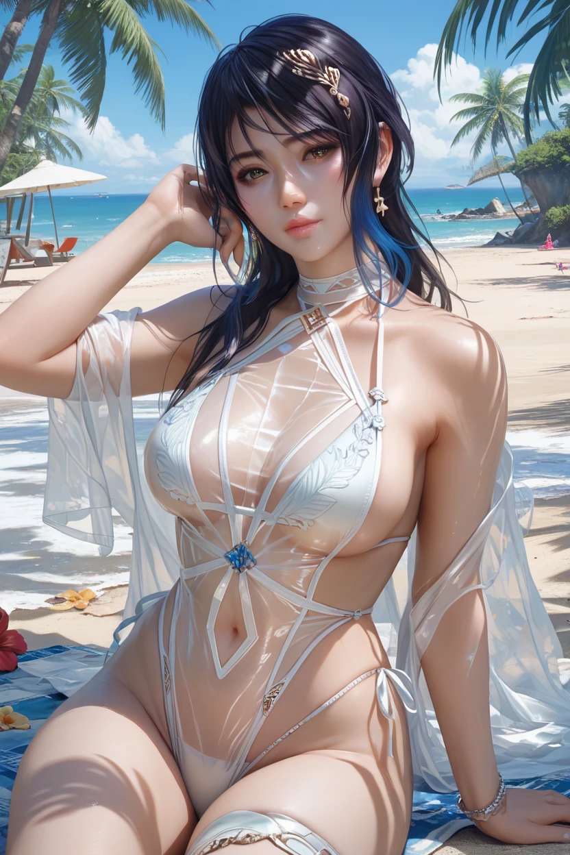 1 girl,standing posture,Wearing white spider web pattern pantyhose,(Body chain:1.5), sunglasses,on the beach,outdoor,elegant,( huge breasts),split,skin shiny, red lips,( tattoo:1.3), masterpiece, best quality, actual , 8k,Portrait Art,alone, ring