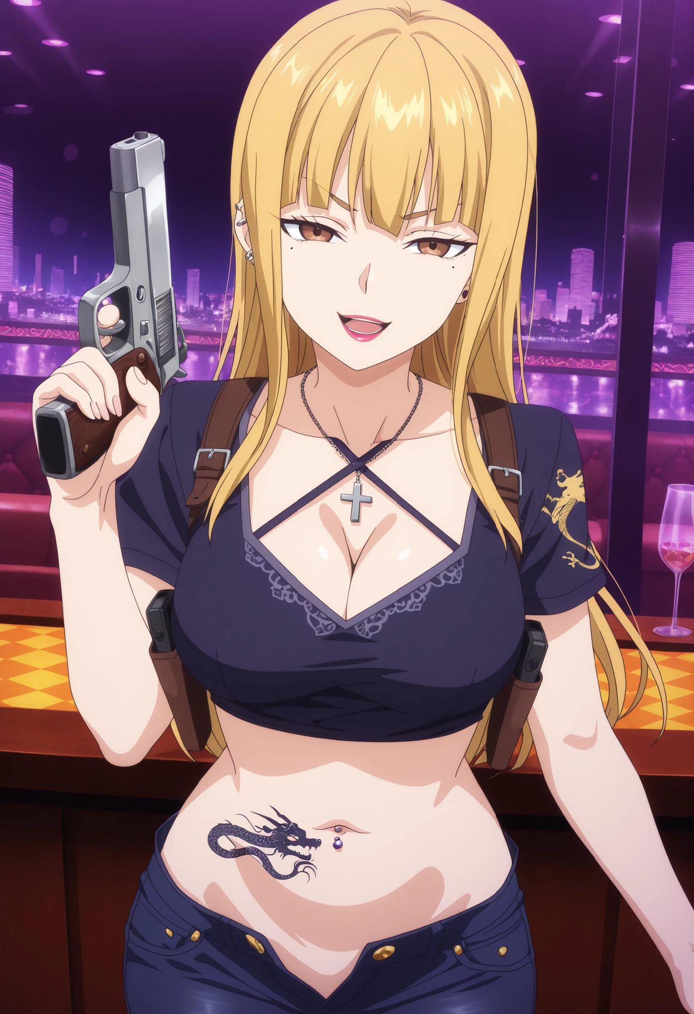 1girl,solo,mm,mature female,long hair,blonde hair,bangs,brown eyes,mole under eye,lipstick,,anime coloring, ear piercing, long hair, , lipstick, Hot girl, baddie, , sensual, attractive, cross necklace,,shoulder holster,, ,bar background, inside bar,indoors, cityscape, casino, nightclub, city lights,necklace, bar background, inside bar, indoors, cityscape, casino, nightclub, city lights,,
pull_down jeans(show off panties,:1.2, no panties),masterpiece,high
quality,4k,belly,,holding pistol,cleavage, ,unbuttoned shirt, collared shirt, knot, smile, open
mouth, () , evil expression,belly, exposed navel, exposed midriff,
exposed lower belly,dragon print jacket, unbuttoned jeans , low rise black jeans, Low rise
jeans with open fly, criss-cross halter, shoulder holster,,navel piercing,medium large  ,looking at viewer , dragon tattoo on waist, narrowed eyes, tattoo on waist, anipai_style , anime screencap , anime coloring, v-shape eyebrows,